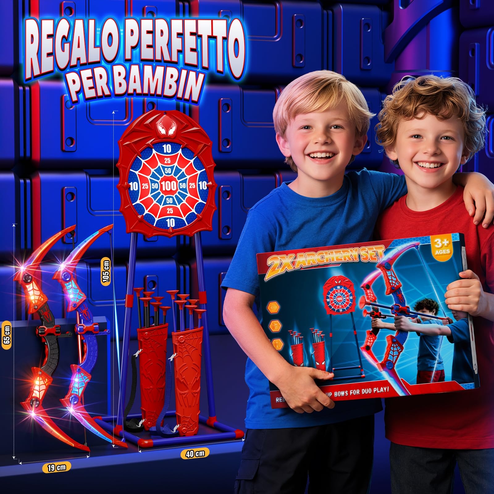 Giocattoli per 3-12 Anni Bambino, 2 Arco e Freccia Ragno con Luci LED Rosse e Blu, Bersaglio a Forma, 2 Ragno Faretre, Gioco Bambino 3-9, Giochi Bambini Regalo Bambino 3 4 5 6 7 8 9 10 Anni Maschio