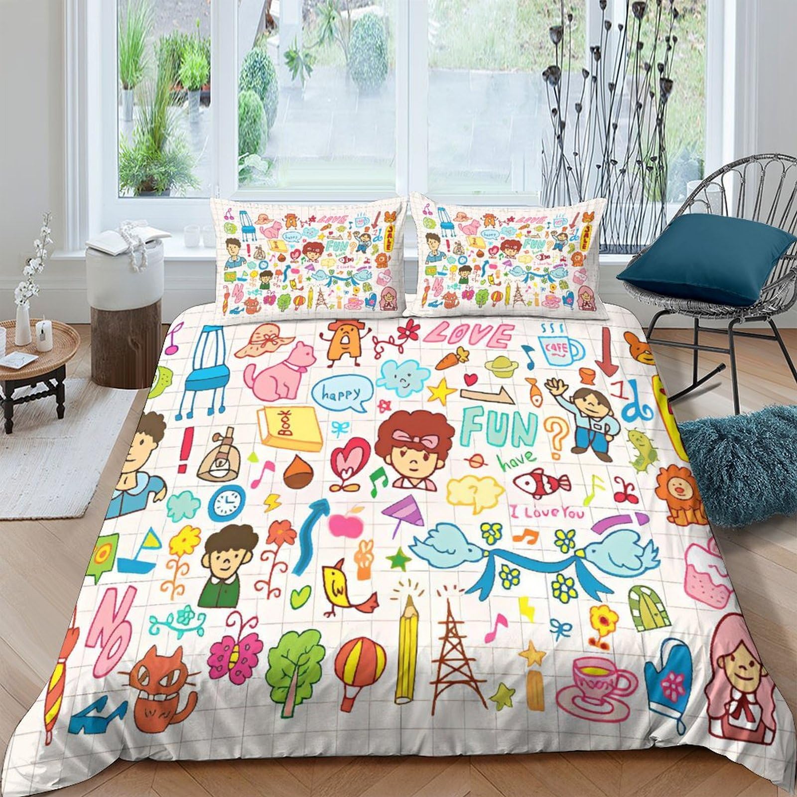 Housse de couette 200x200 dessin enfant microfibre avec taies d'oreiller