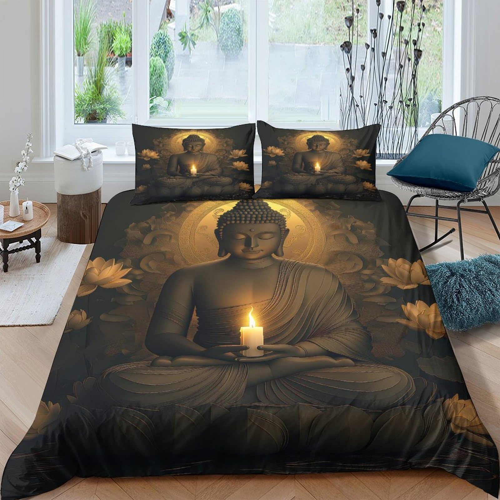 Ctjqhvkz Style-10 3D Printed Buddha Meditation Fitted Sheet Microfiber Soft Black Gold Candlelight Lotus Bed Cover For Bedroom Guest Room Decor Single（135X200cm）