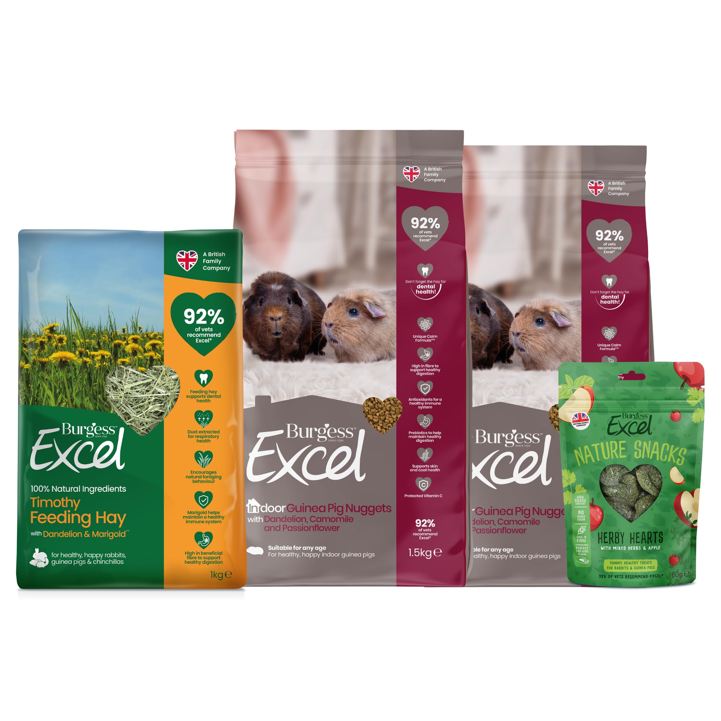 Burgess Excel 3KG Indoor Guinea Pig Food, 1KG Feeding Hay & Treat Value Bundle – Guinea Pig Nuggets & Dandelion & Marigold Feeding Hay for Indoor Guinea Pigs