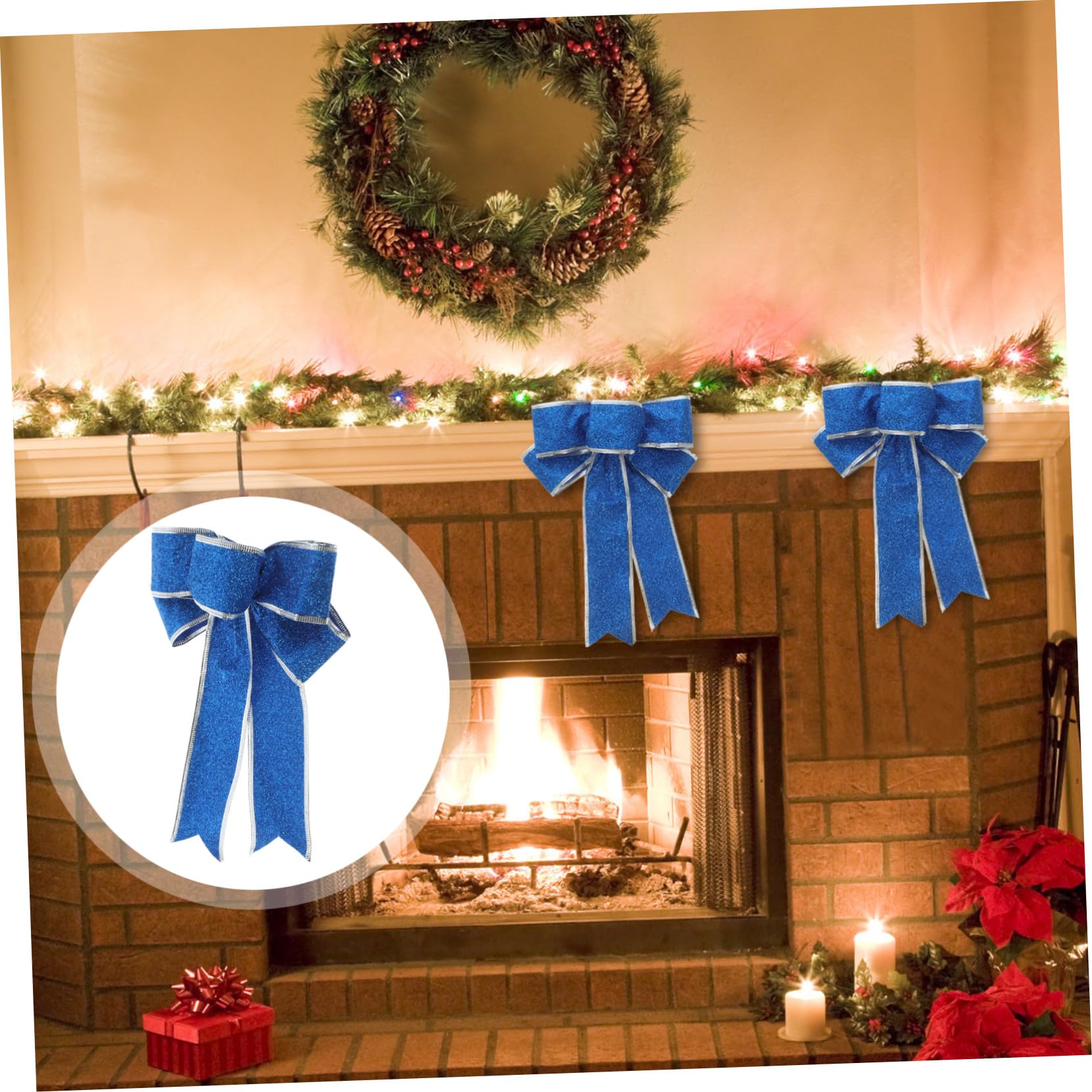 WOONEKY 5 Stück Glitzernde Weihnachtsdekorationsschleifen Große Stoffschleifen in Blau Fertige Geschenkbandknoten für Weihnachtsbaum Tür Wand und Tischdeko Festliche