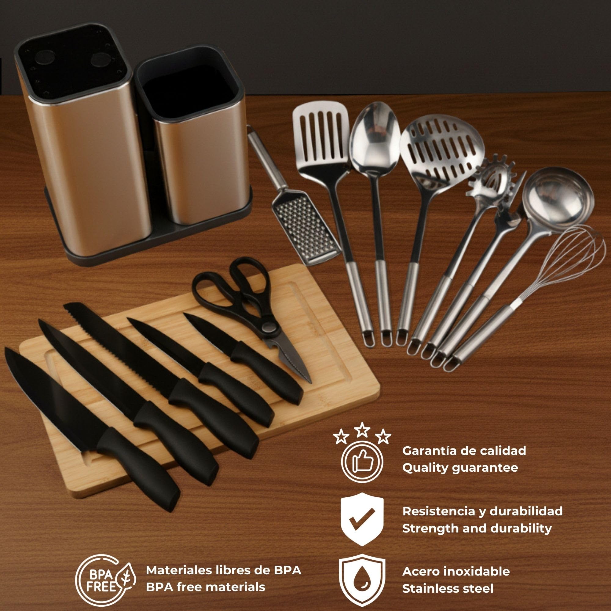 Juego completo de utensilios de cocina acero inoxidable de 17 piezas con Cuchillos Utensilios Tabla y Soporte incluidos Utensilios cocina inox Accesorios cocina Cooking utensils set