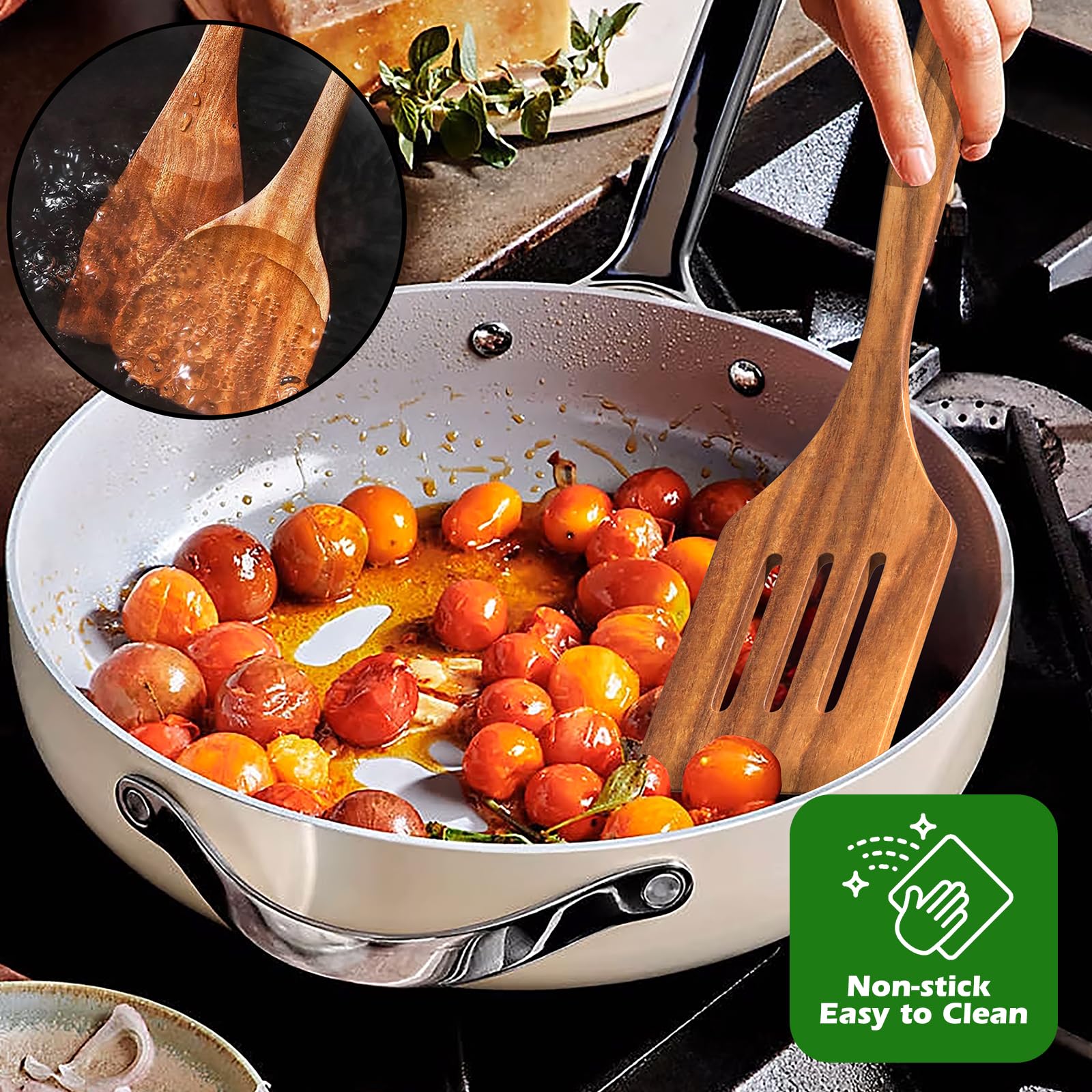 Küchenhelfer-Set aus natürlichem Teakholz, mit Halter, Holzlöffel zum Kochen, 10-teiliges Kochspatel-Set mit Löffelablage, Holzutensilien-Set für antihaftbeschichtetes Kochgeschirr, robust und leicht