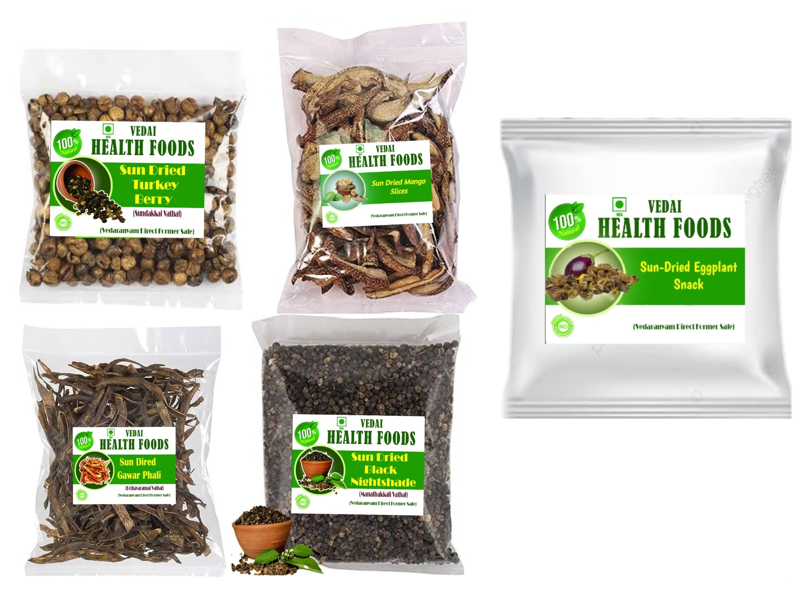Vedai Health Foods VathalKuzhambu Combo 500g Dried Black Nightshade/100g + Turkey Berry/100g + Cluster Beans/100g + Mango Slices/100g + Brinjal Eggplant Snack/100g-image-38