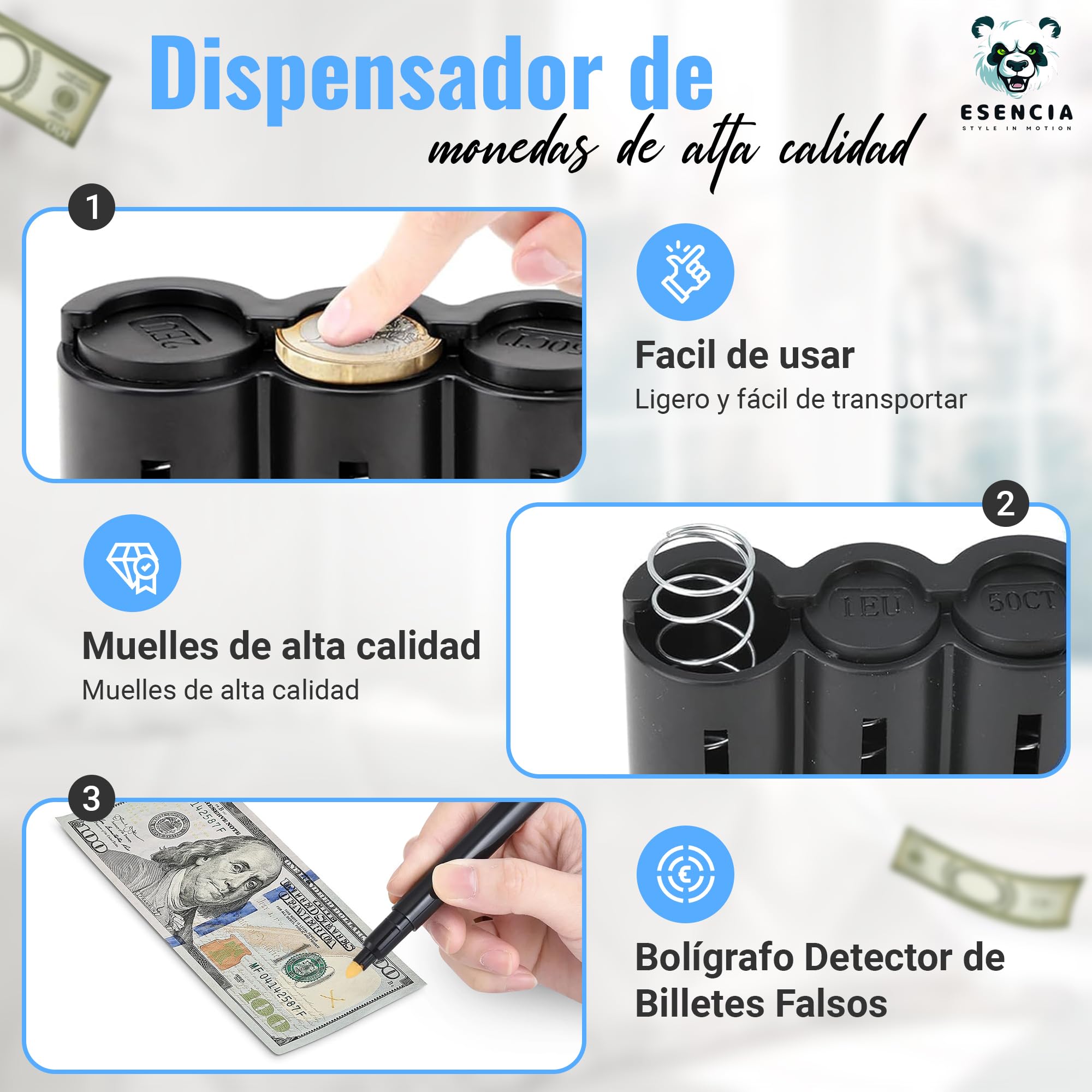 Pack de Riñonera con 2 Dispensadores de Monedas y Bolígrafo Detector Billetes Falsos: Riñonera Camarero, Portamonedas Taxi, Organizador de Billetes, Clasificador de Monedas y Organizador monedas.
