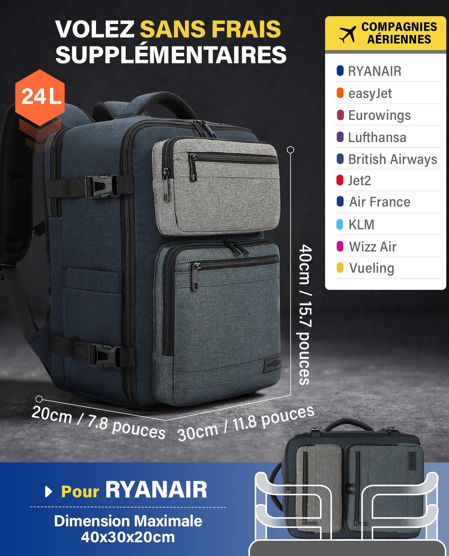 VANKEV Ryanair Easyjet Eurowings Wizz Air Sac à Dos Voyage Cabine 40x30x20cm-24L, Bagage à Main Bagage Cabine Accepte un Ordinateur Portable de 15,6 Pouces bleu ardoise