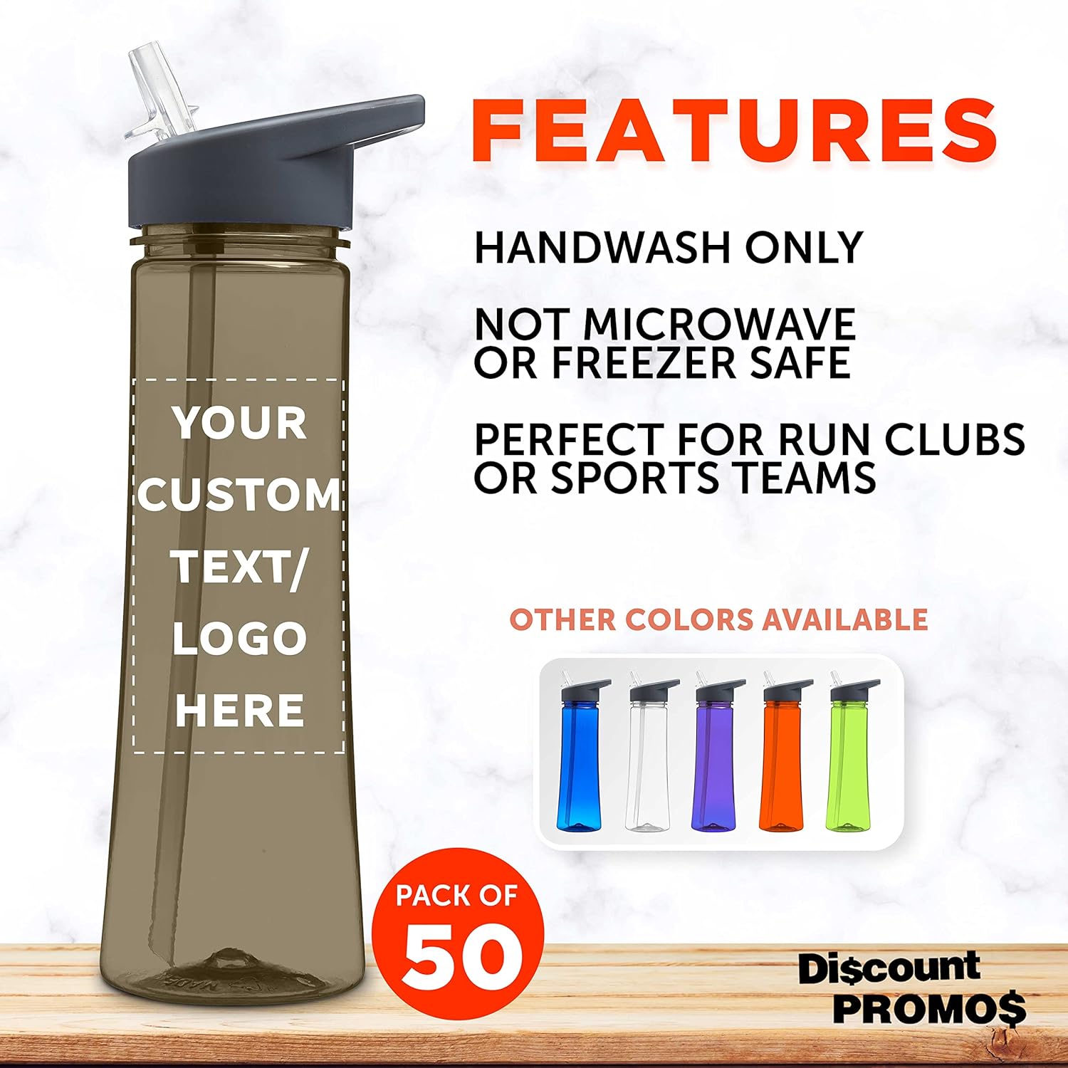 DISCOUNT PROMOS Custom Plastic Bottles with Drink Spout 22 oz. Set of 50, Personalized Bulk Pack - Great for Gym, Hiking, Cycling, Camping, Backpacking, School - Charcoal - Image 2