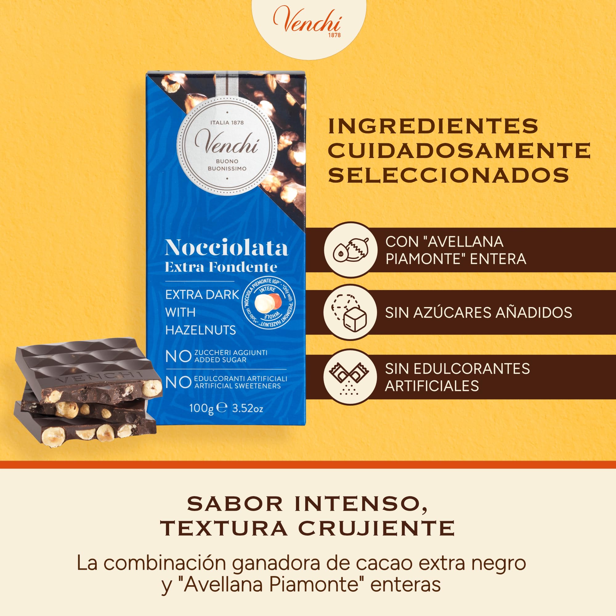 Venchi - Kit de 6 tabletas de chocolate con avellanas extra fondant, 600 g - SIN Azúcares Añadidos - SIN Edulcorantes Artificiales - Sin Gluten - Vegano - Idea de regalo