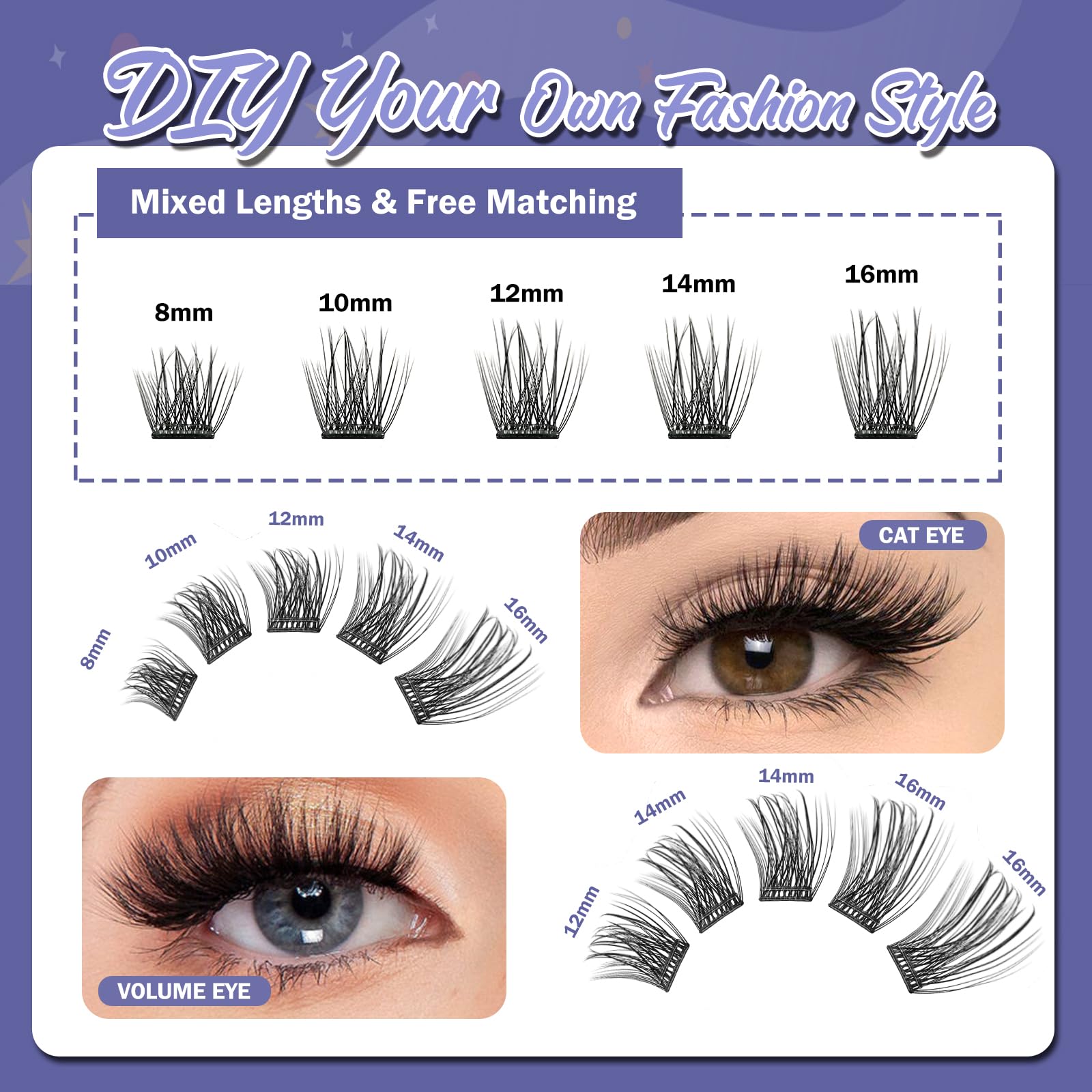 Self Adhesive Eyelashes, 156 PCS Self Adhesive Eyelash Clusters, No Glue Needed, Dual-row Glue Strips 8-16mm Mixed Individual Lash Extension Super Sticky Reusable False Lashes