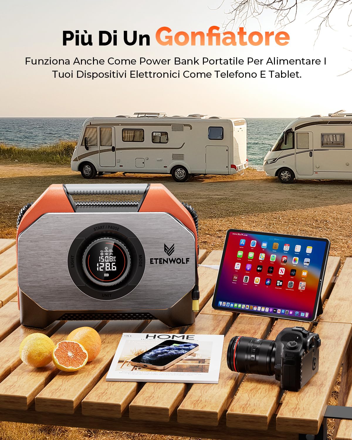 ETENWOLF Vortex S6-19200 mAh Compressore Aria Portatile, 11,03 Bar/160 PSI Pompa Gonfiabile con Pompa ad Aria Elettrica, 7 Modalità di Gonfiaggio per Auto Biciclette Elettriche, Moto