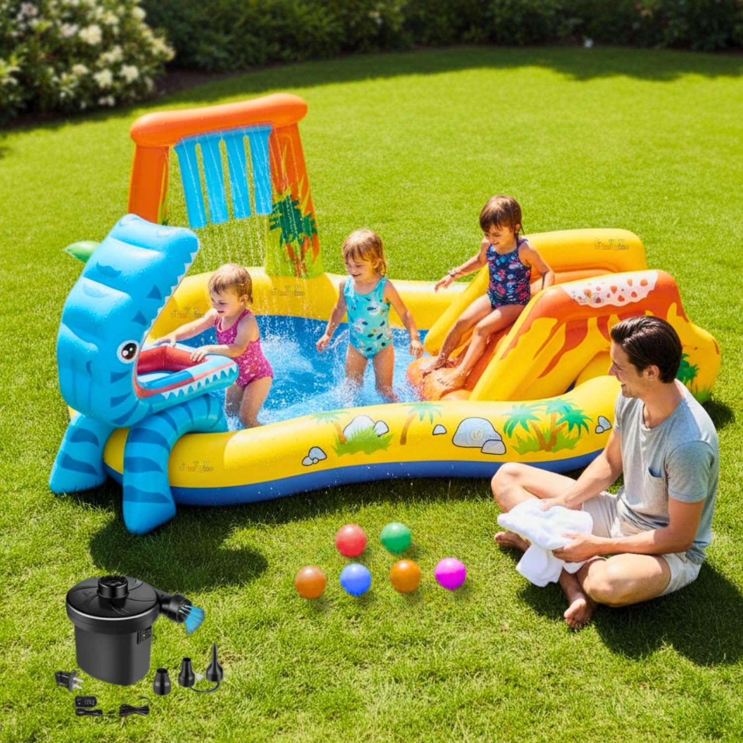 Toy Imagine Dinosaur Play Center for Kids Inflatable Play Centre Swimming Pool for Kids|Pool with inbuilt Water Spray |Slide|Waterfall|6 Balls Include-image-8