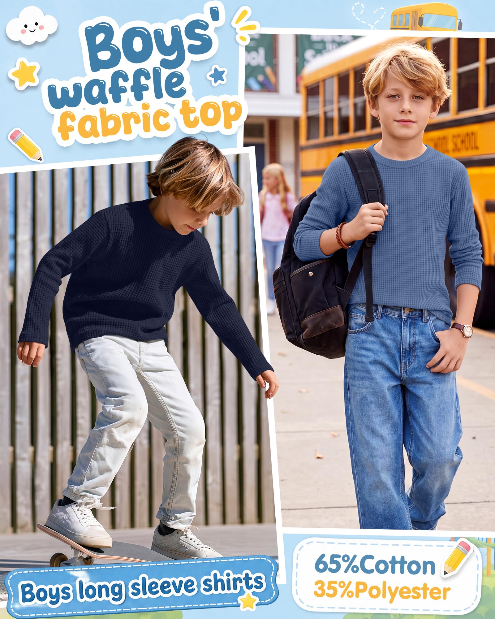 Clabby 3er-Pack Waffel-Langarm-T-Shirts für Jungen (5-14 Jahre), Kinder-Thermo-Tops, Jugend-Shirts, Basic-T-Shirts
