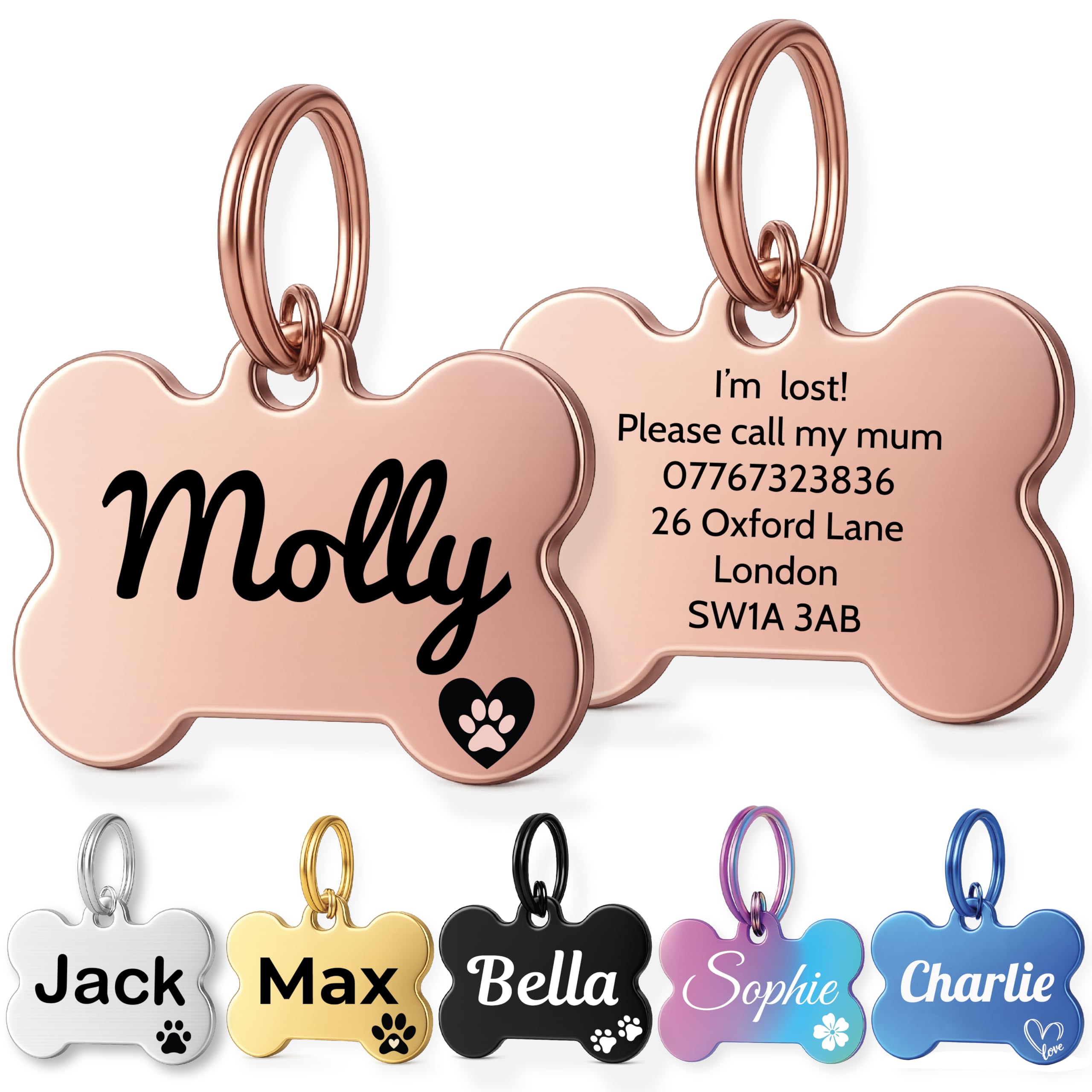Dog Tags for Pets Engraved UK Personalised Stainless Steel Dog Name Doggy Cat ID Tag Kitten Kitty Puppy Scratch Resistant Durable Tag Custom Name Plate (Rose Gold, Large)