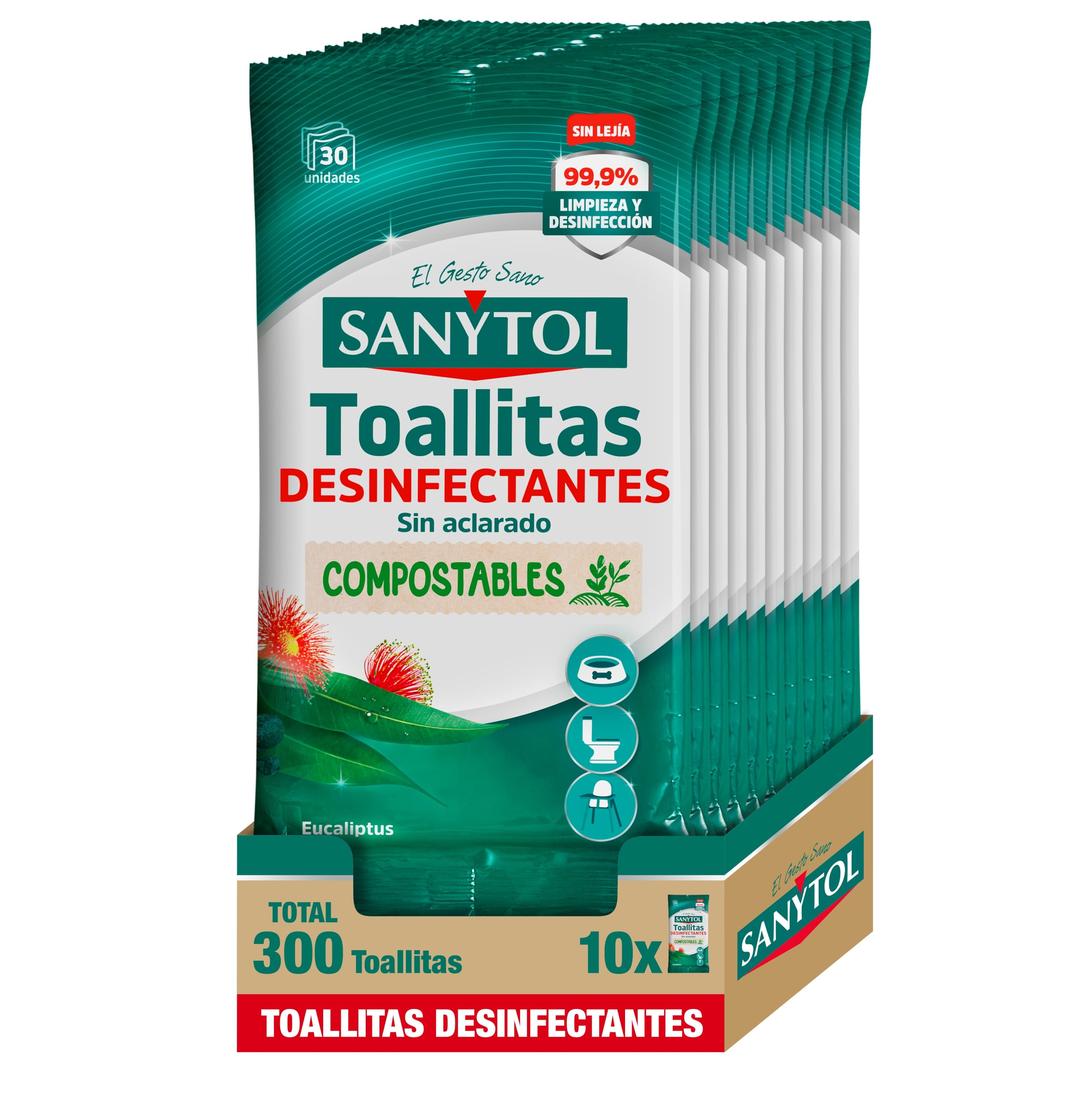 Sanytol - Pack de 10 x 30u Toallitas Desinfectantes Multiusos, Compostables, Sin Aclarado, Higiene Sin Bayeta, Eliminan Bacterias, Hongos y Virus Sin Lejía, Perfume Eucaliptus