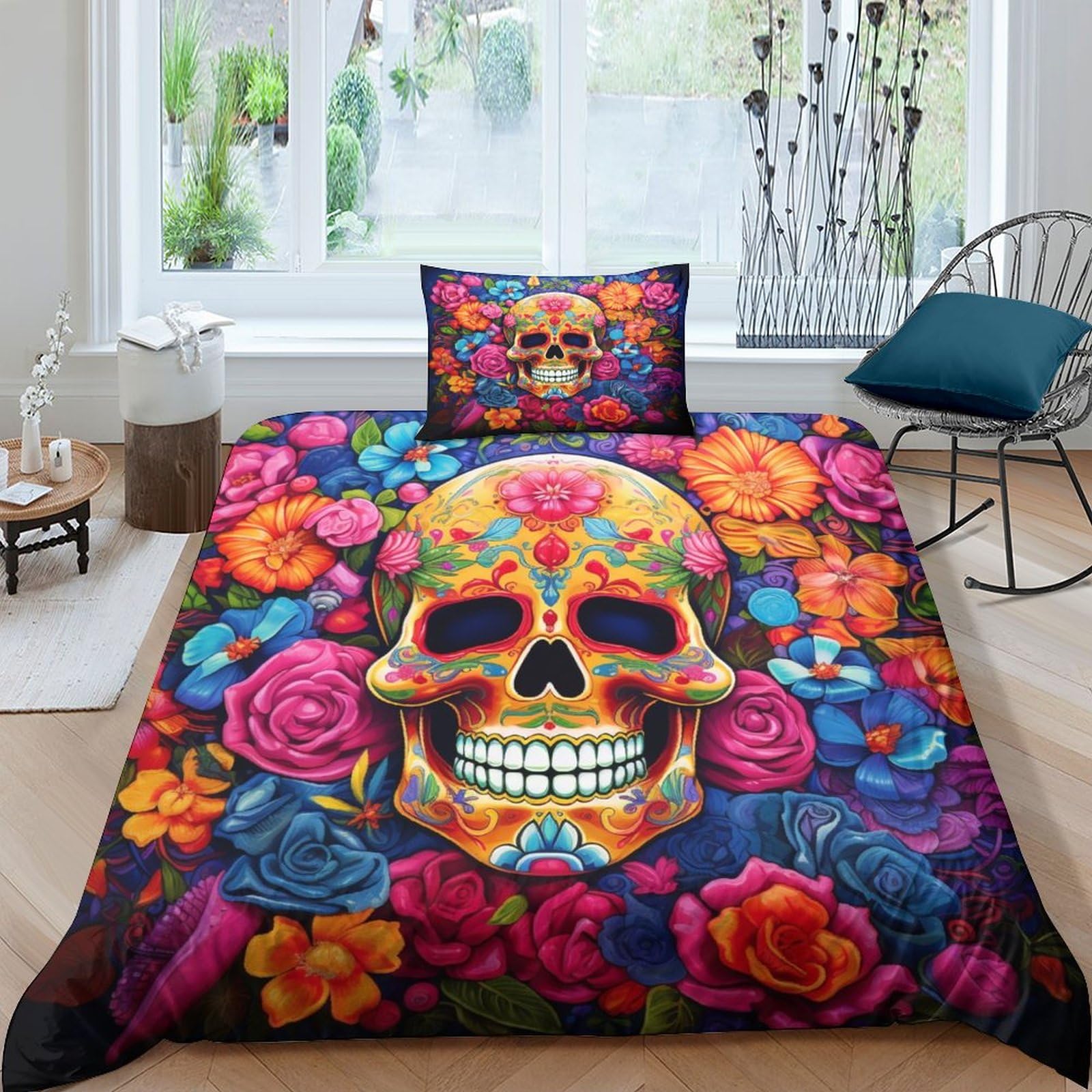 BARDYS Skeleton In Flower Hot Choice for Boys,girls Bedding Set with Zipper Closure 3D Printed Comforter Cover Colourful Duvet Cover Set Soft Microfiber Quilt Cover with Pillowcaser Single(135x200cm) — image 1
