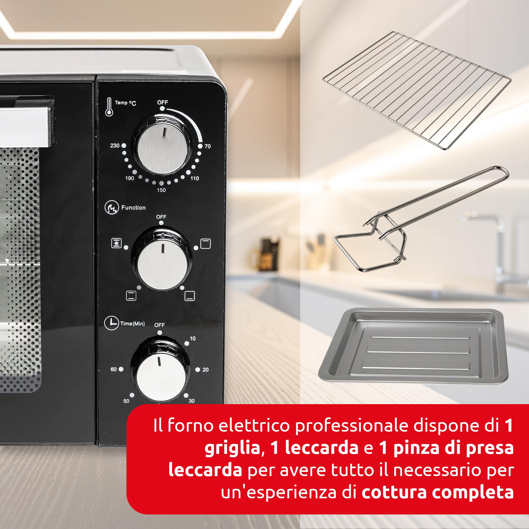 Melchioni Family | Forno Elettrico Ventilato DEVIL, Capacità 32 litri, 3 Modalità di Cottura, Timer da 60 Minuti, 1500W, Doppio Vetro, Luce Interna e Temperatura Fino a 230° C, 49 X 46 X 31 cm