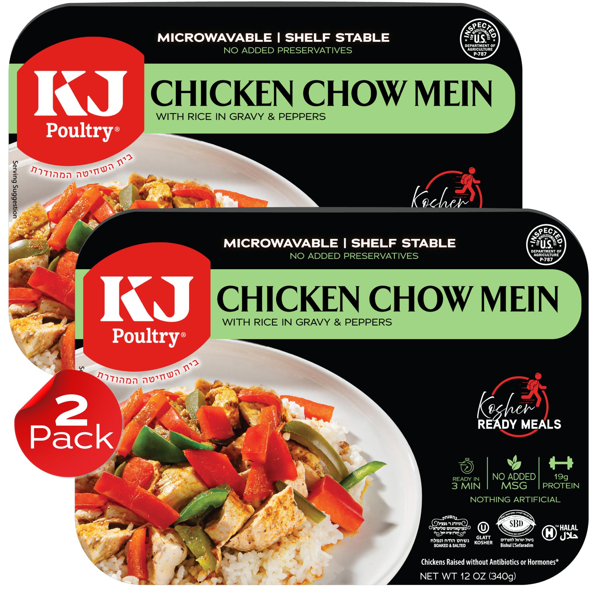 Kosher Ready Meals - Chicken Chow Mein, MRE Meat Meals Ready to Eat, Gluten Free, Halal, (2 Pack) Prepared Entree Fully Cooked, Shelf Stable Microwave Dinner Travel Military Camping