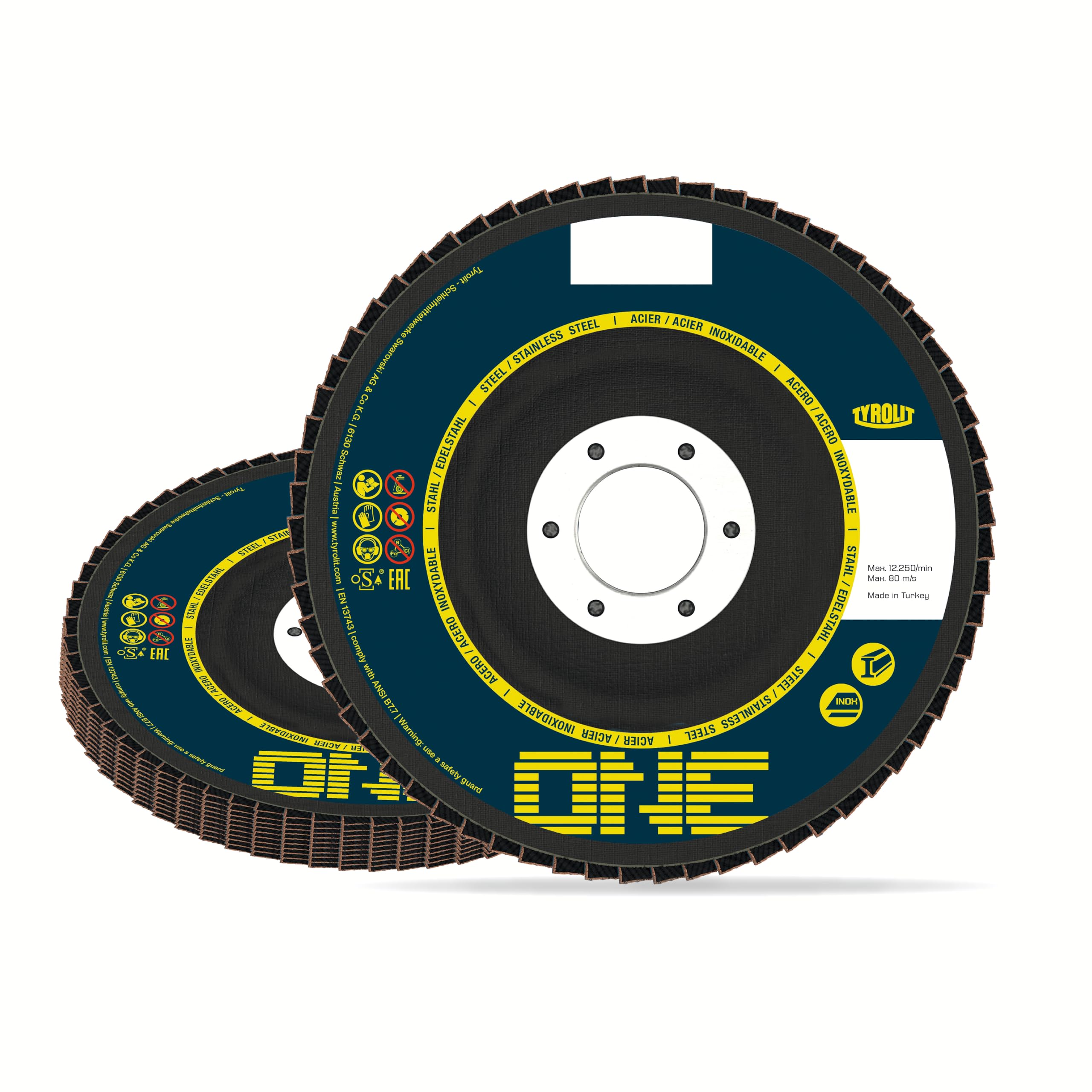 TYROLIT ONE - Dischi lamellari 2 in 1, resistenti, 125 mm, per acciaio e acciaio inossidabile, grana 40, 125 x 22,23 mm, confezione da 10