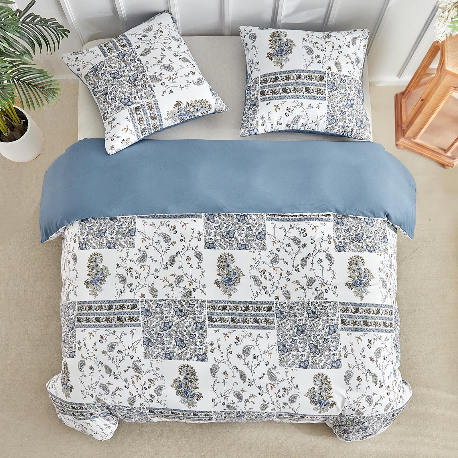 Tokokimo Biancheria da letto 135 x 200 cm, 4 pezzi, copripiumino 135 x 200 cm, set da 2 federe con chiusura lampo, 80 x 80 cm, motivo floreale patchwork bohémien, verde