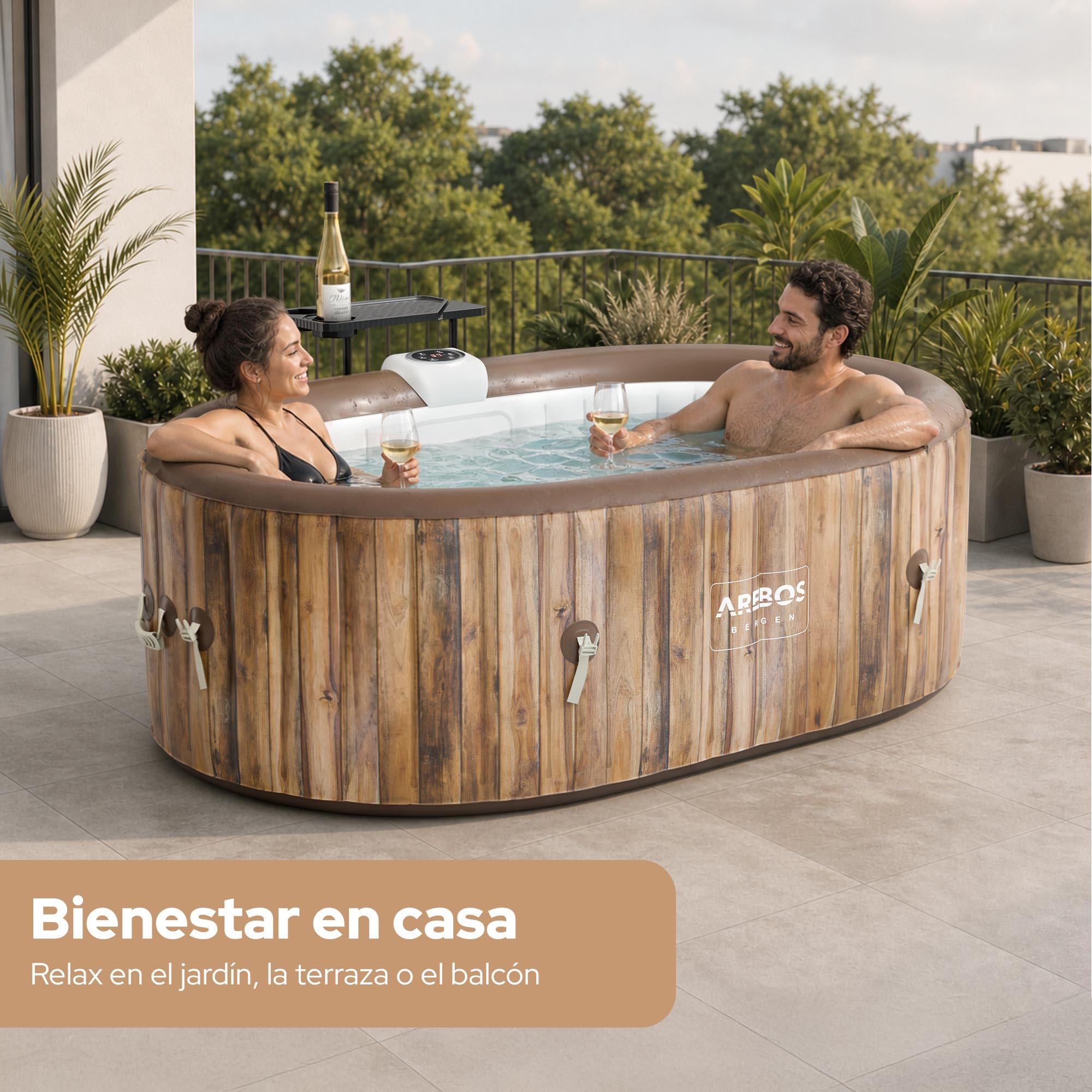 Arebos Whirlpool | SPA Hinchable | Interior y Exterior | 190x120 cm Ovalado | 2 Personas | 90 chorros de Masaje | con calefacción | 550 litros | Incl. Cubierta | Bubble SPA & Wellness Massage