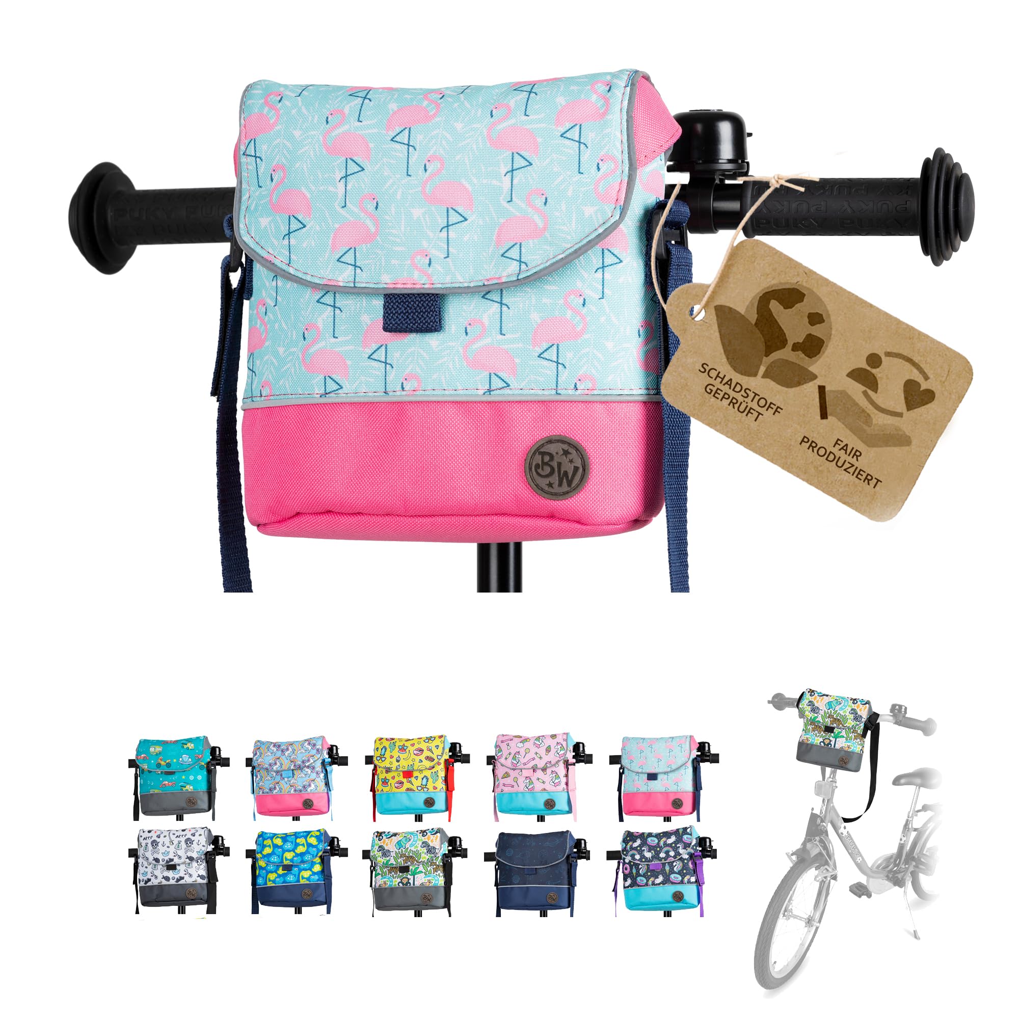 BAMBINIWELT Kinder Lenkertasche – Fahrradtasche für Kinder, Laufradtasche & Lenkerkorb mit Schultergurt – kompatibel mit Puky, Woom & Roller – wasserabweisend & robust, Farbe: Modell 25