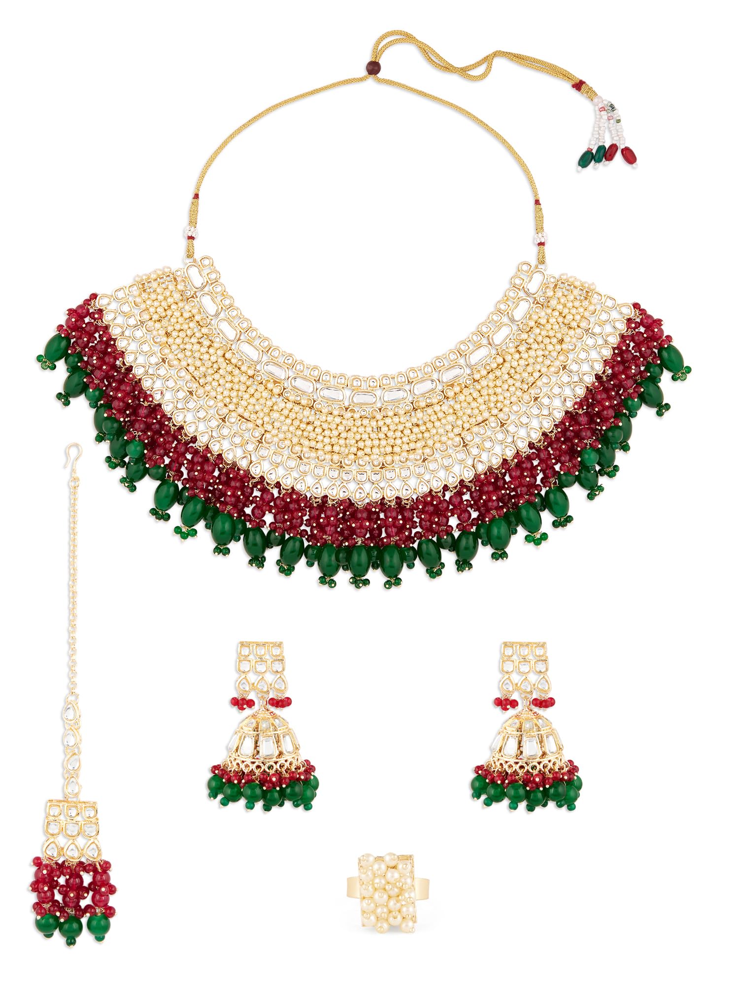 ZAVERI PEARLS Rani Pink Green Clustered Beads Embellished Royal Bridal Necklace Earring Maangtikka & Ring Set For Women-ZPFK18238 (B0D91Y1BWS) Amazon Price History, Amazon Price Tracker