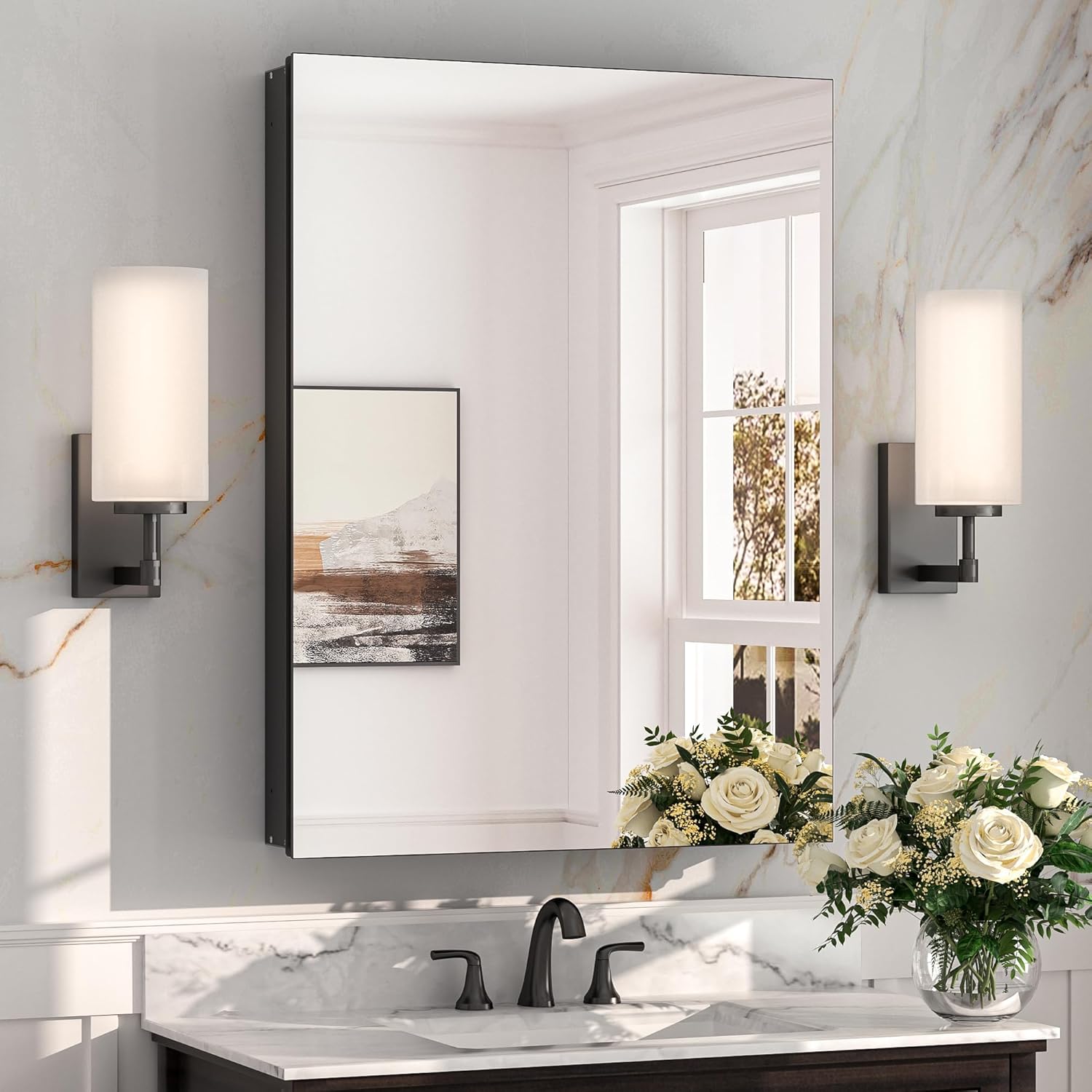 Keonjinn 24 x 32 Inch Medicine Cabinet for Bathroom with Mirror, Assembly Required, Black Aluminum Structure, Lightweight, Recessed or Wall Mount, Freely Adjustable Shelves, Tempered Glass Black 24x32 In