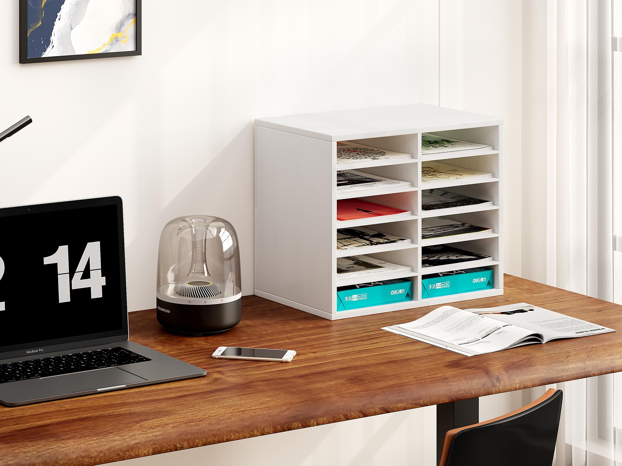 EasyPAG 12 Fächer Holz A4 Büro Schreibtisch Organizer Dokumentenhalter Aktenablage Zeitschriftenhalter Briefablage Papier Magazin Organisator,Weiß