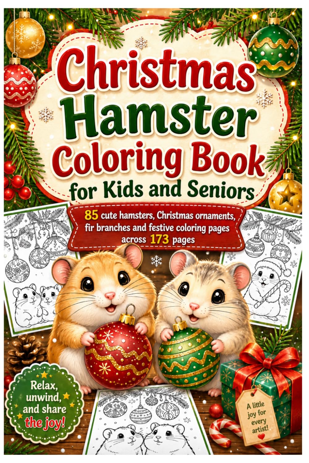 Christmas Hamster Coloring Book for Kids and Seniors: 85 cute hamsters, Christmas ornaments, fir branches and festive coloring pages across 173 pages