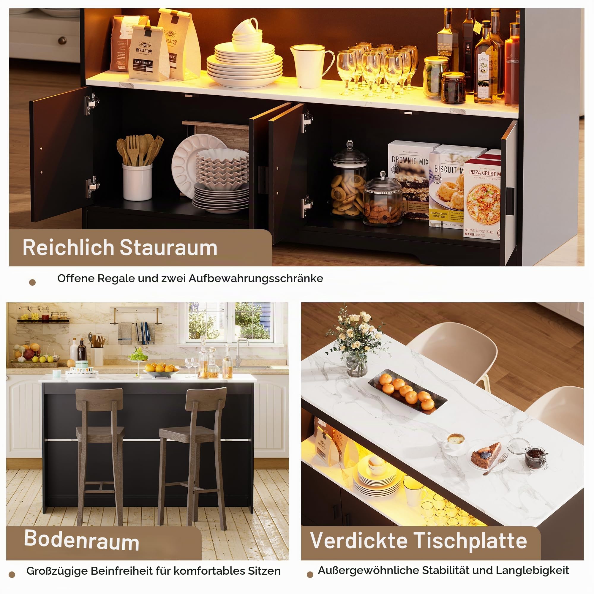 Kücheninsel mit Arbeitsplatte, Bartisch mit Stauraum & LED-Beleuchtung Küchenschrank 110CM Breit Buffetschrank Küche Moderne Kücheninsel Freistehend Kücheninselschrank für Esszimmer Zuhause Küche