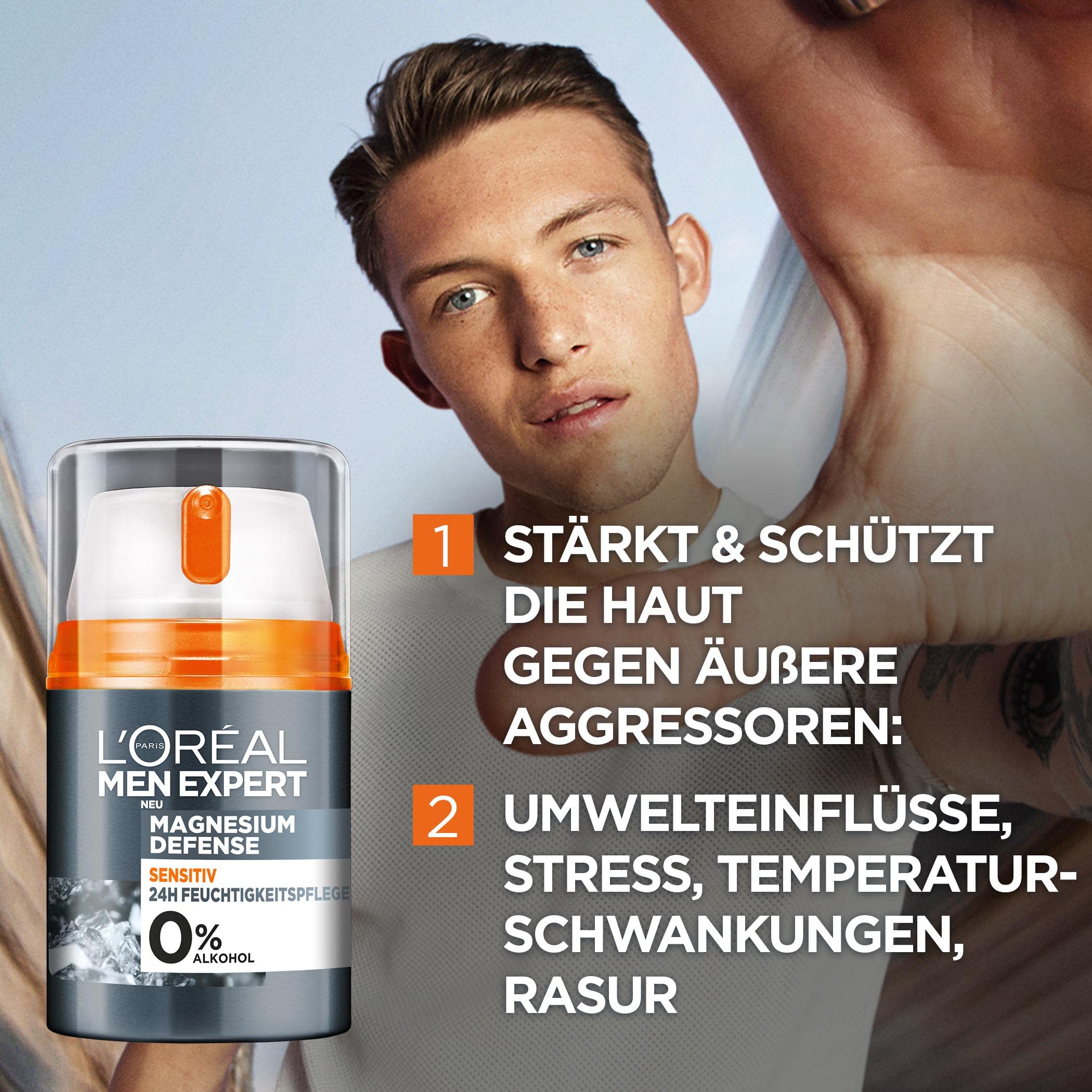 L'Oréal Men Expert Sensitiv pielęgnacja twarzy dla mężczyzn, kojący krem nawilżający do skóry wrażliwej, krem do twarzy dla mężczyzn z magnezem i kwasem hialuronowym, magnez Defense, 1 x 50 ml