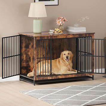 Dog Crate Furniture, 98cm Double Door Wooden Dog Crate with Removable Tray, Indoor Kennel End Side Table Animal Crates for Medium Large Dogs, Anti-Escape, Rustic Brown