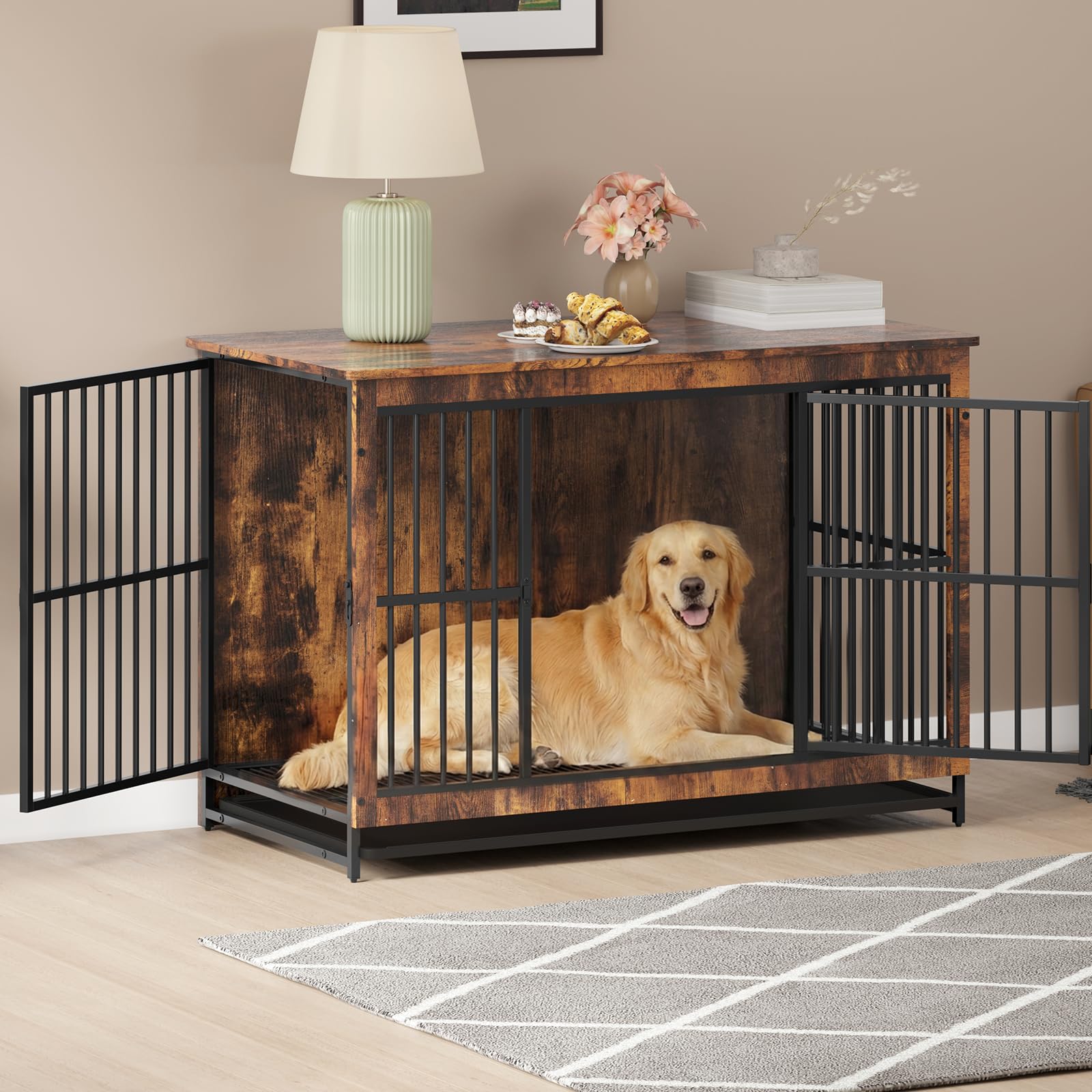 Hello-5ive Grande cage pour chien en bois avec double portes, niche d'intérieur robuste avec plateau amovible pour chiens de petite, moyenne et grande taille, table d'appoint d'appoint, 97,5 x 59 x