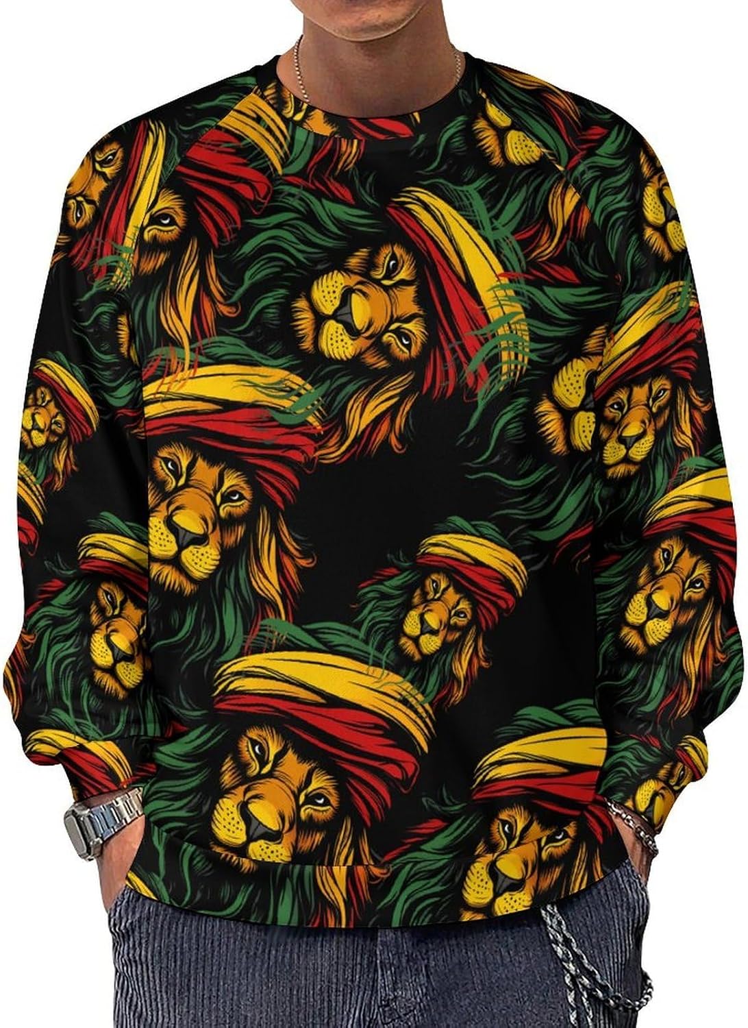 Rasta Reggae Lion Jamaica Men's Sweatshirt Crew Neck Sweater Long Sleeve Pullover Tops Casual Wear