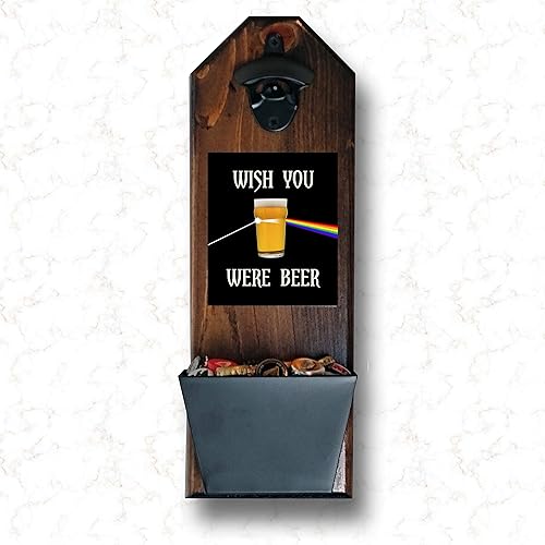 Wish You Were Beer - Pink Floyd Inspired - Bottle Opener and Cap Catcher - Handcrafted by a Vet - 100 Solid Pine 34 Thick - Rustic Cast Iron Bottle
