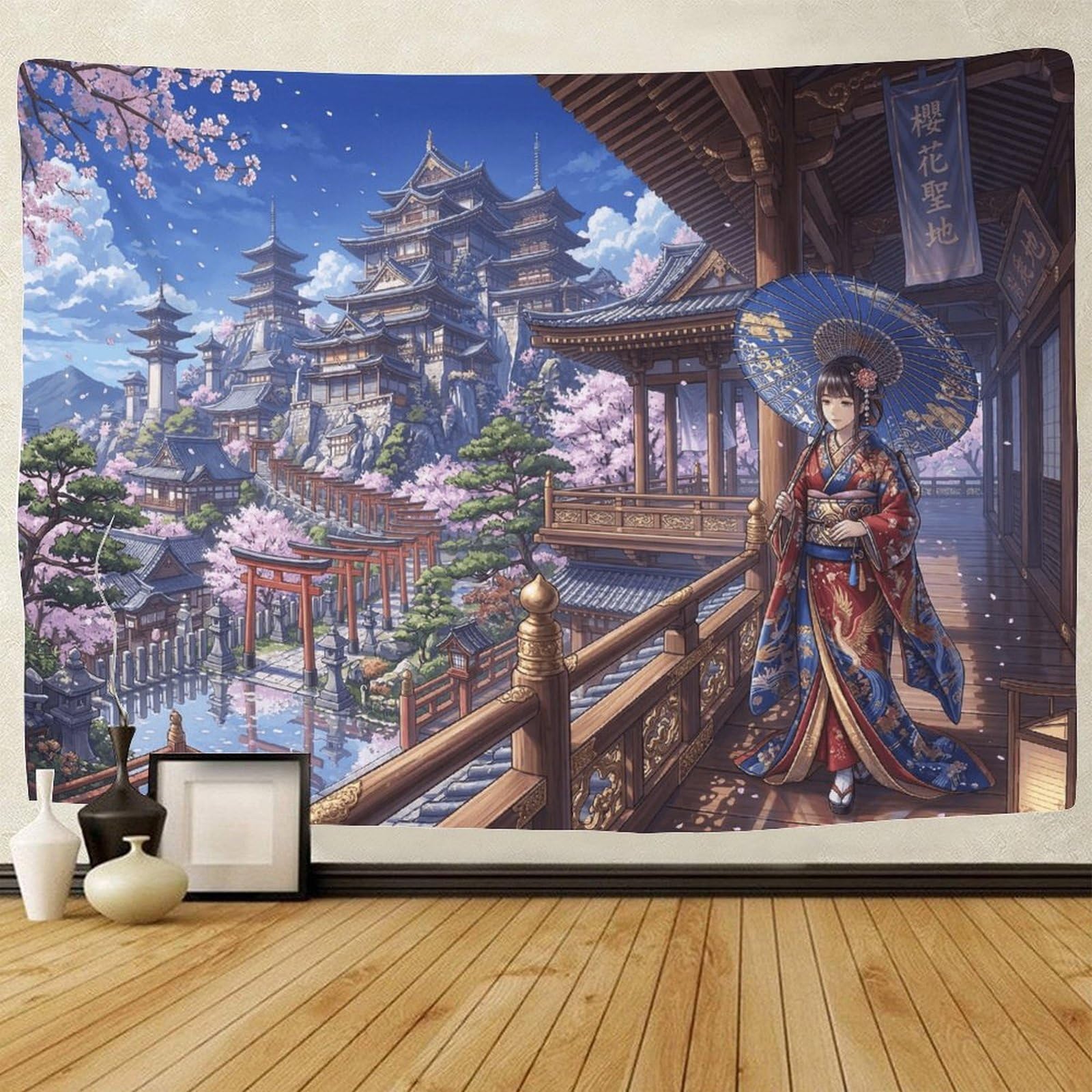GPMNBCXZK Japanese Geisha 3D Printed Wall Art Traditional Architecture Bedroom Home Tapestry Decoration 100cmx150cm