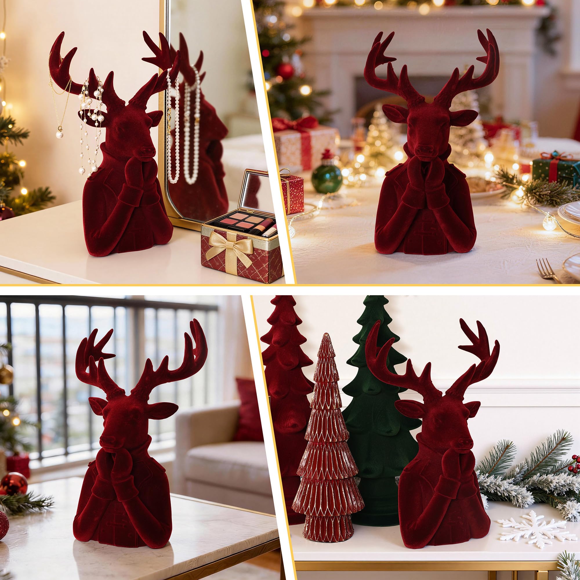 Hometopia Hirsch Deko Weihnachten 34 cm, Kunstharz Hirschkopf Rot | Eleganter Hirschkopf mit weicher Samtoptik, dekorativer Weihnachtsanhänger für Tisch, Regal und als Schmuckhalter