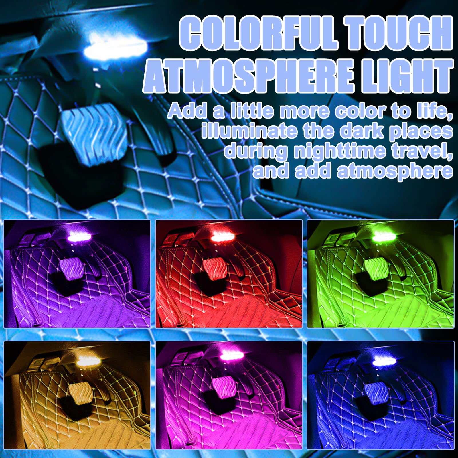 Lot de 4 éclairages d'intérieur LED pour voiture - Lumière tactile LED RVB - 7 couleurs - Module d'éclairage de plancher - Mini éclairage rechargeable par USB - Accessoire de voiture Lot de 4 éclairages d'intérieur LED pour voiture - Lumière tactile LED RVB - 7 couleurs - Module d'éclairage de plancher - Mini éclairage rechargeable par USB - Accessoire de voiture