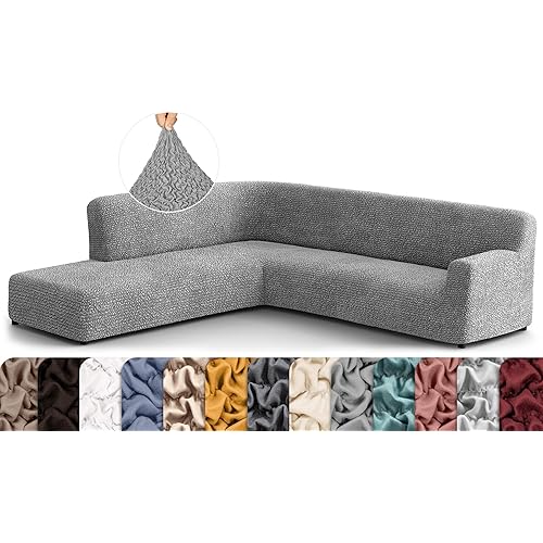 PAULATO BY GA.I.CO. Sectional Sofa Cover - Corner Sofa Cover - Bumper Chaise Couch Covers - Washable Couch with Ottoman Slipcover - Microfibra - Ash (Left Facing Bumper Chaise Sectional)