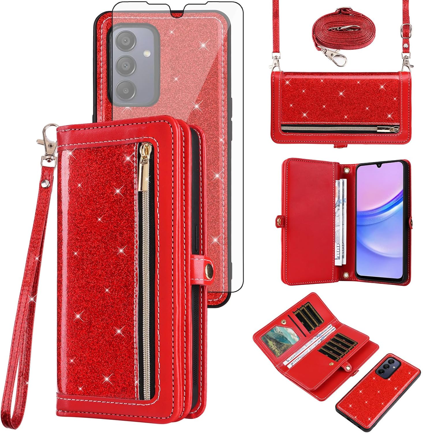 Asuwish Phone Case for Samsung Galaxy A16 5G/4G Zipper Wallet Cell Cover with Tempered Glass Screen Protector Crossbody Lanyard Strap Bling Glitter Flip Card Holder Slot A 16 16A SM-A166U Women Pink