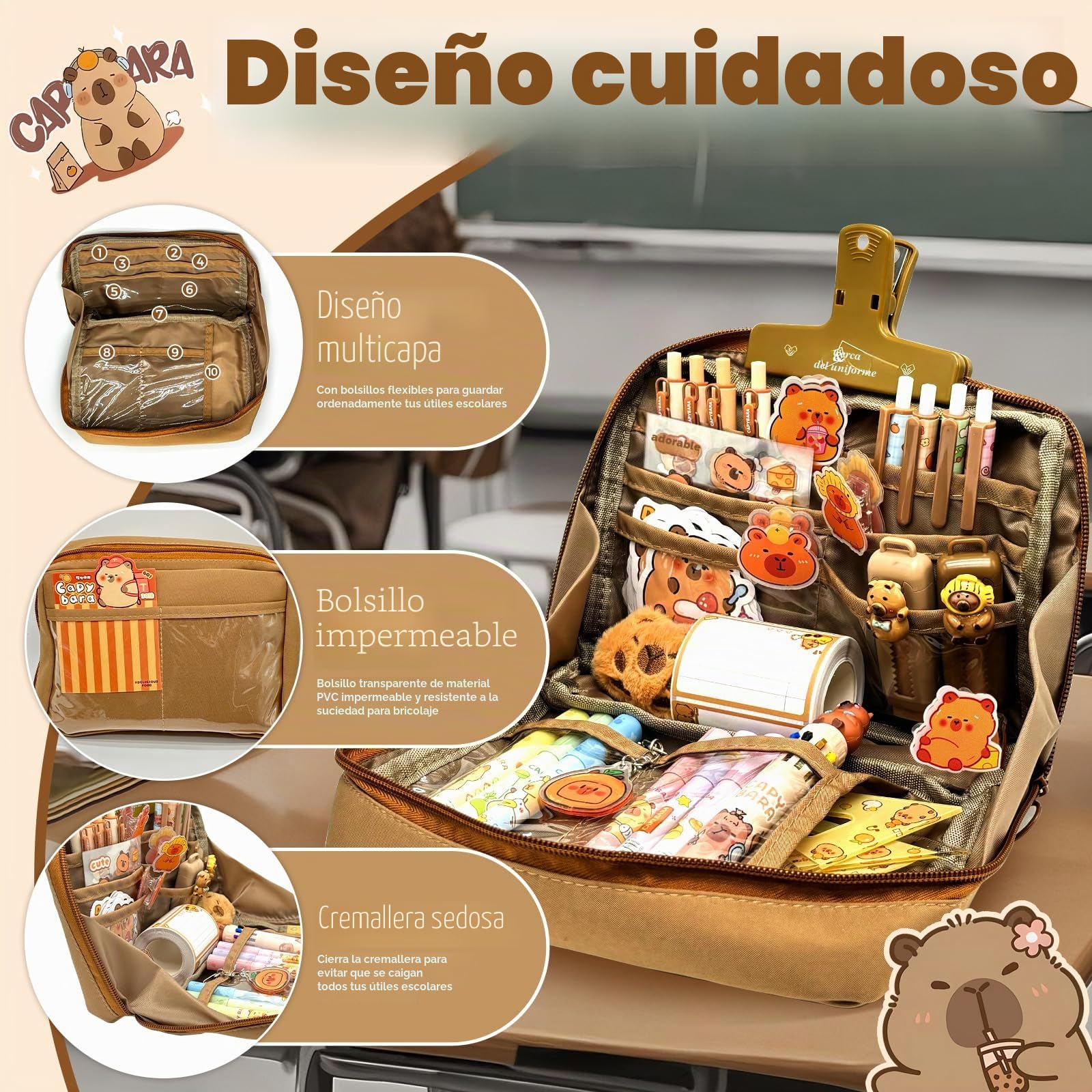 Pardofelis 66 piezas Capybara Papelería Set Lindo Capybara Estuche de Regalo para Niños y Estudiantes, Estuche Capybara con Lápices Goma de Borrar Pegatinas Clips Reglas para Escuela Oficina