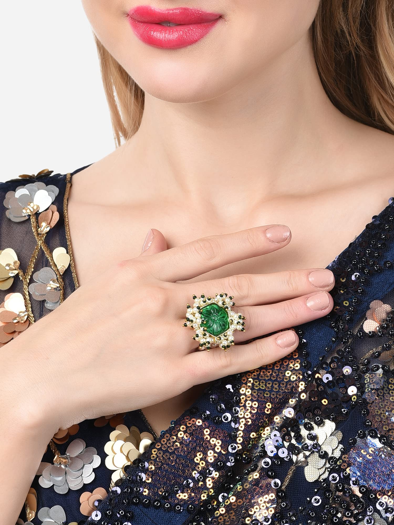 Women's Flower Stone Cluster Beads Ethnic Elasticated Ring