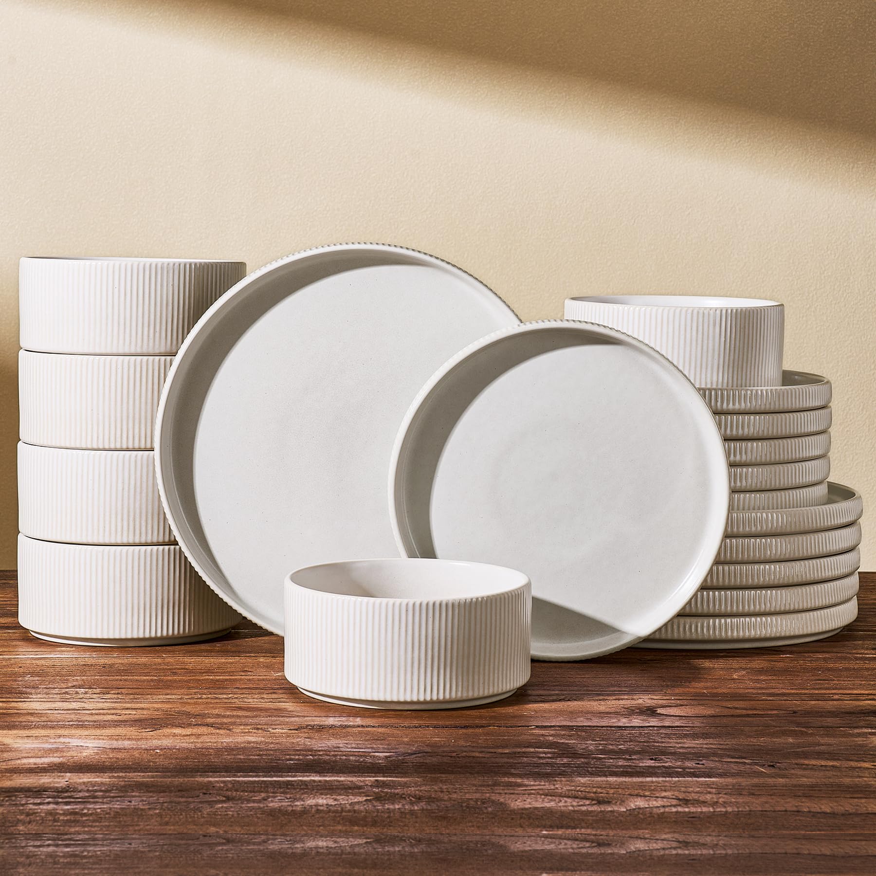Dinnerware Set for 6, Ceramic Ribbed Plates, Bowls, Dishes