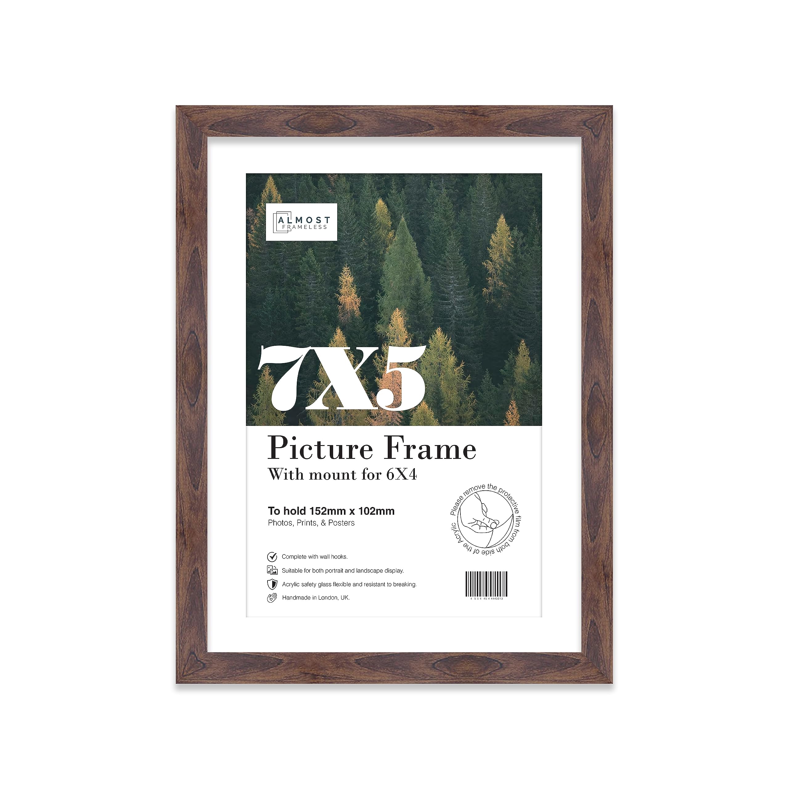 Almost Frameless 7x5 Walnut Picture Frame With Mount for 6x4 Print, Poster or Photo Poster, Photo, Artwork, or Print. Thin Edge Slim Frame Portrait and Landscape Display with Wall Hooks