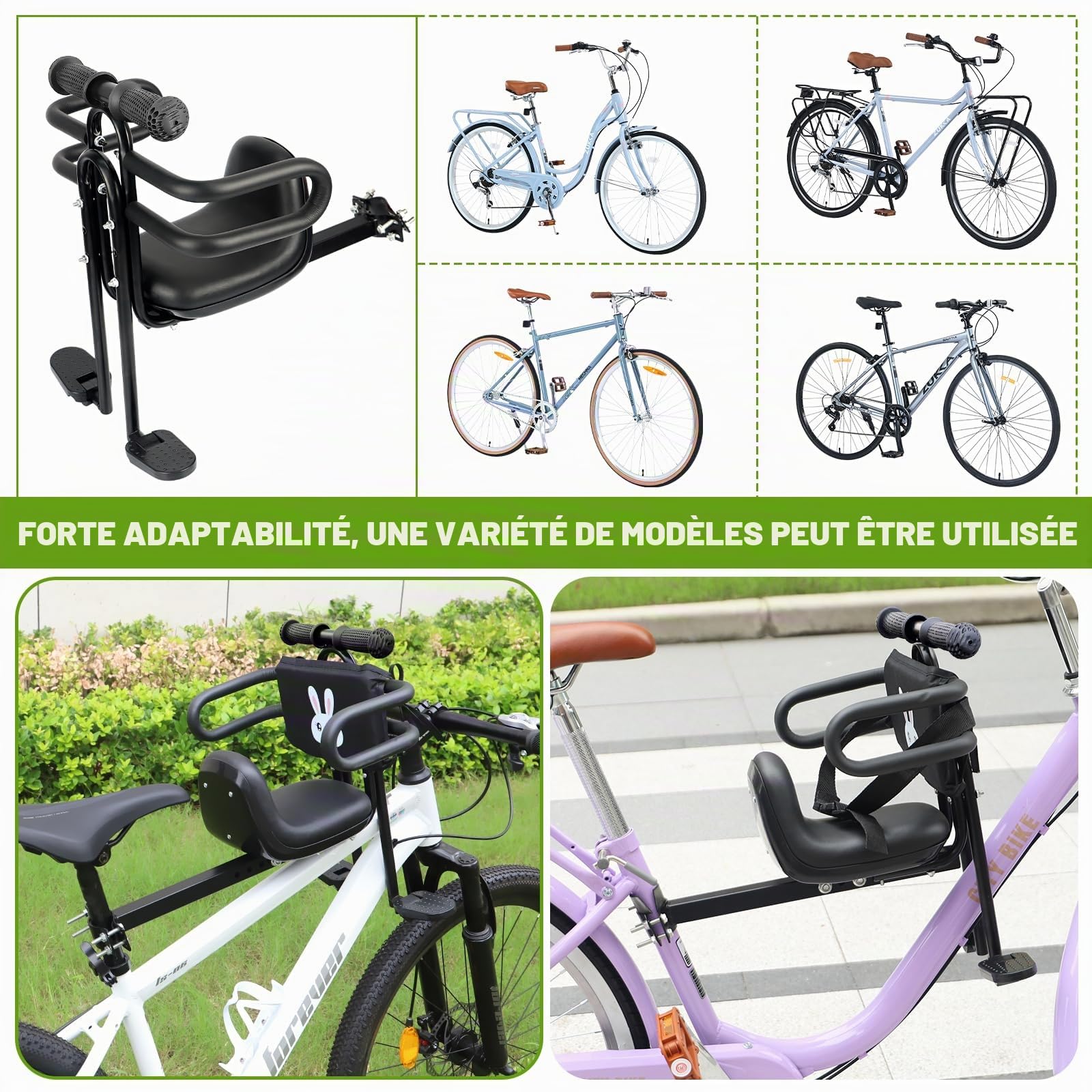 ZUKKA Siège de vélo pour enfant Sièges pour enfants à l'avant Support de charge jusqu'à 25 kg / 55 livres pour enfants Siège pour enfant à l'avant pour vélos, siège d'enfant avec pédales, support pour