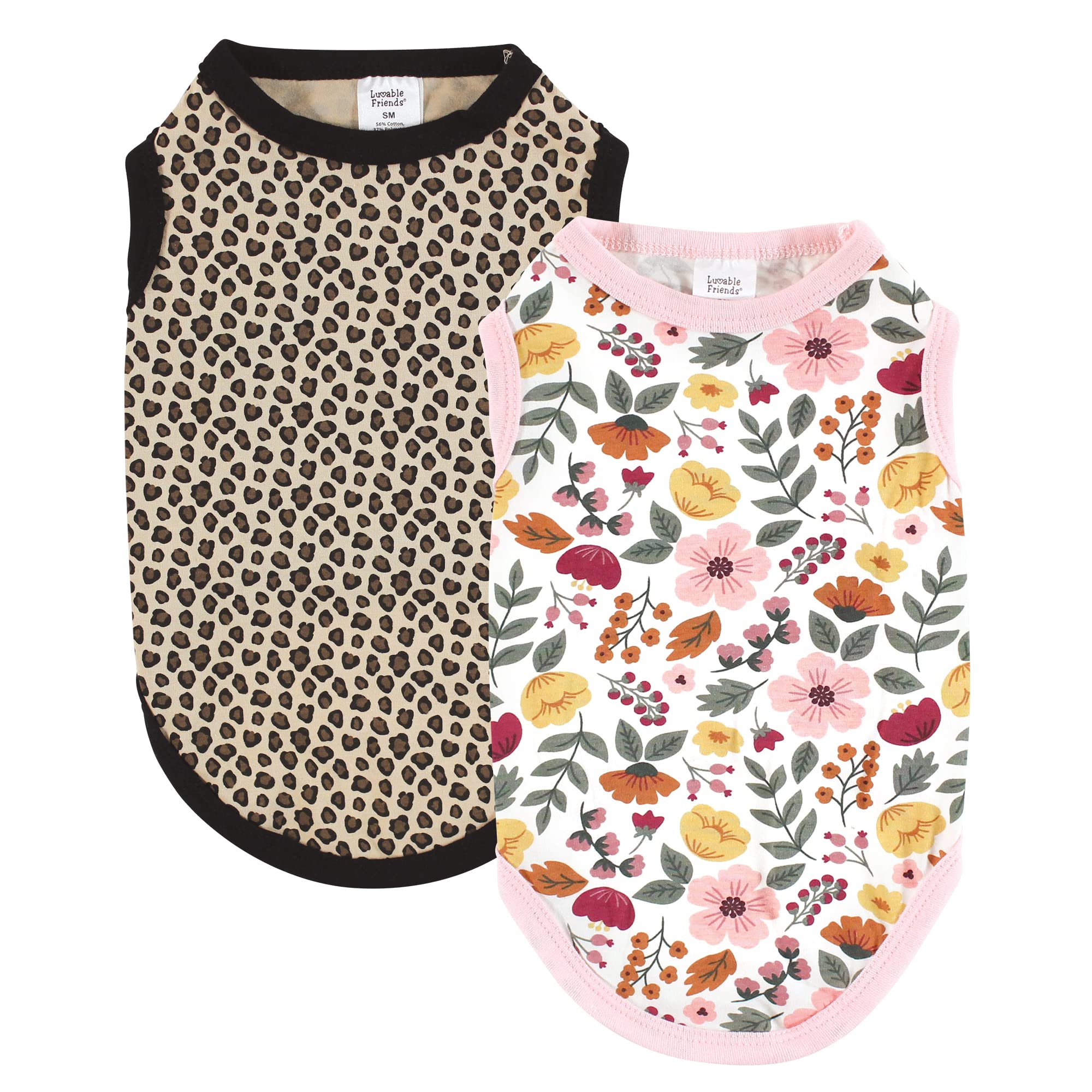 Luvable Friends Dog Pet Dog and Cats Cotton T-Shirts 2pk, Botanical Leopard, X-Large