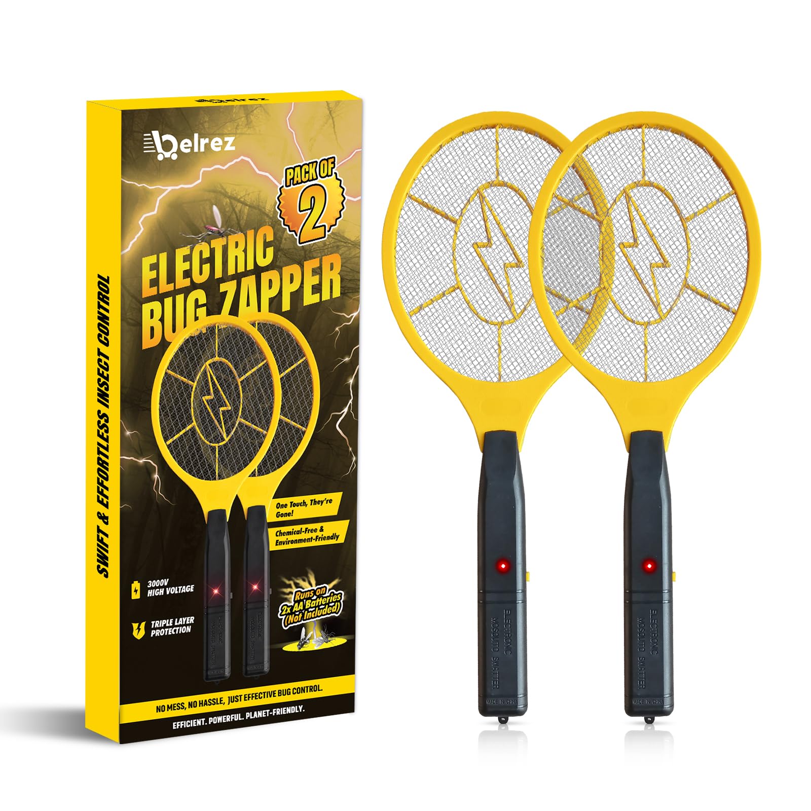 BELREZ Electric Fly Zapper 2 Pack - Electronic Bug Zapper with Protective net Layer - Pest Control Mosquito Catcher Racket - Electric Fly Swatter - Handy Killer Racket for Indoor and Outdoor