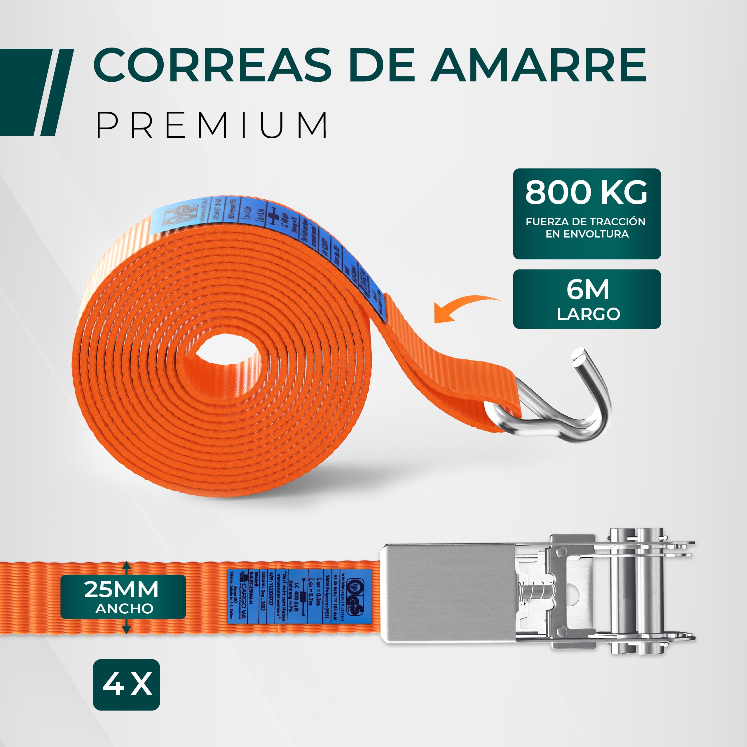 CargoVA® Juego de 4 Correas con Trinquete 25 mm x 10 m 800 kg Naranja