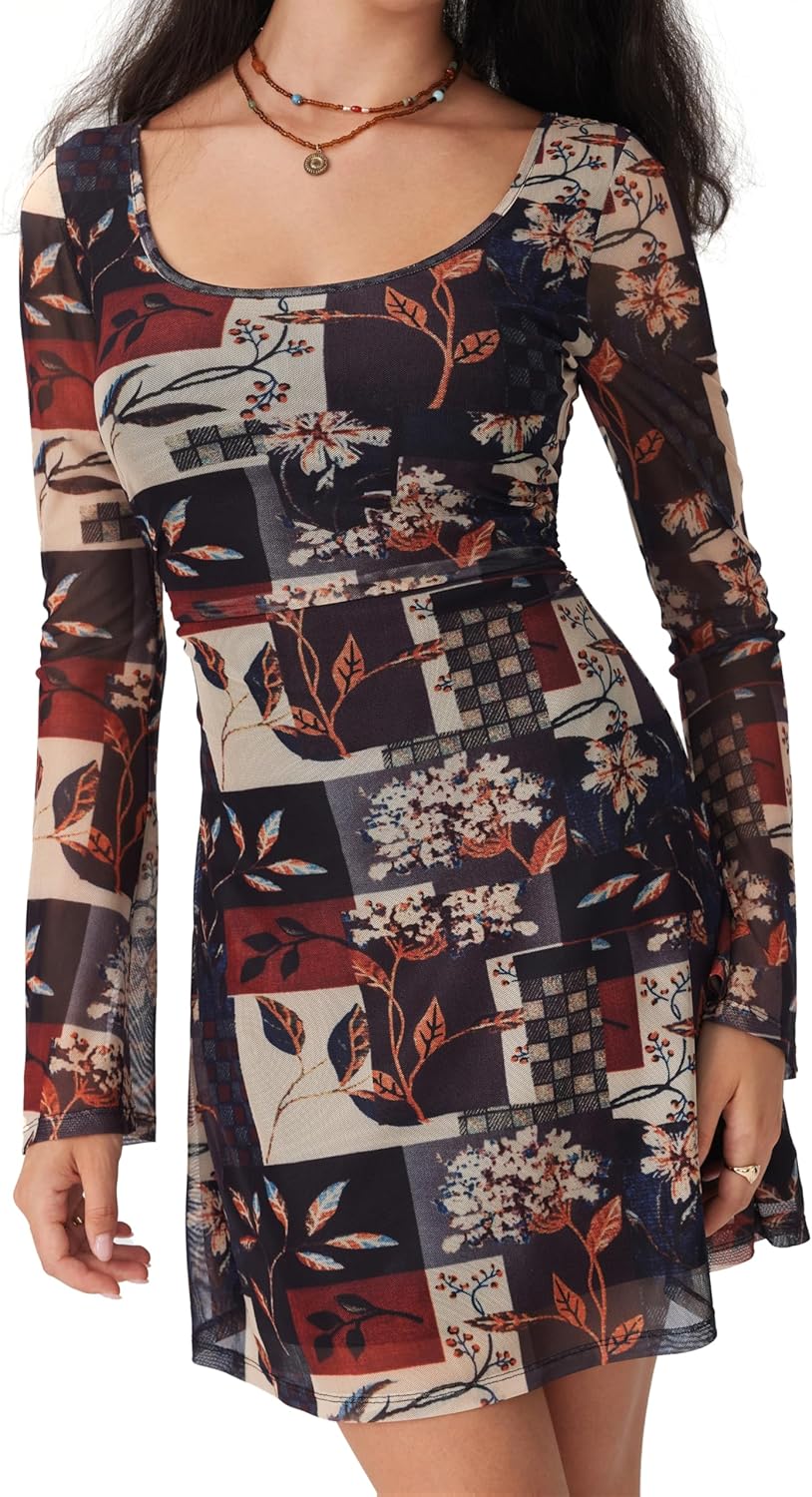CIDER Women Floral Mini Mesh Dress Bell Sleeve Boho Dresses Y2k Fall Fashion Going Out Party Outfit - Image 4