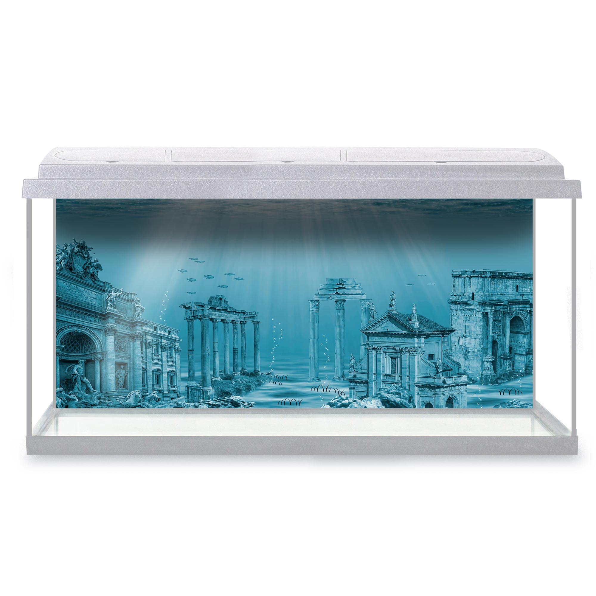DV DESIGN Aquarium Fish Tank Background 123x54 cm - Ruins Atlantis Civilization Underwater Ruins Archeology Ocean Static Cling Vinyl Vivarium Terrarium External Application #500020